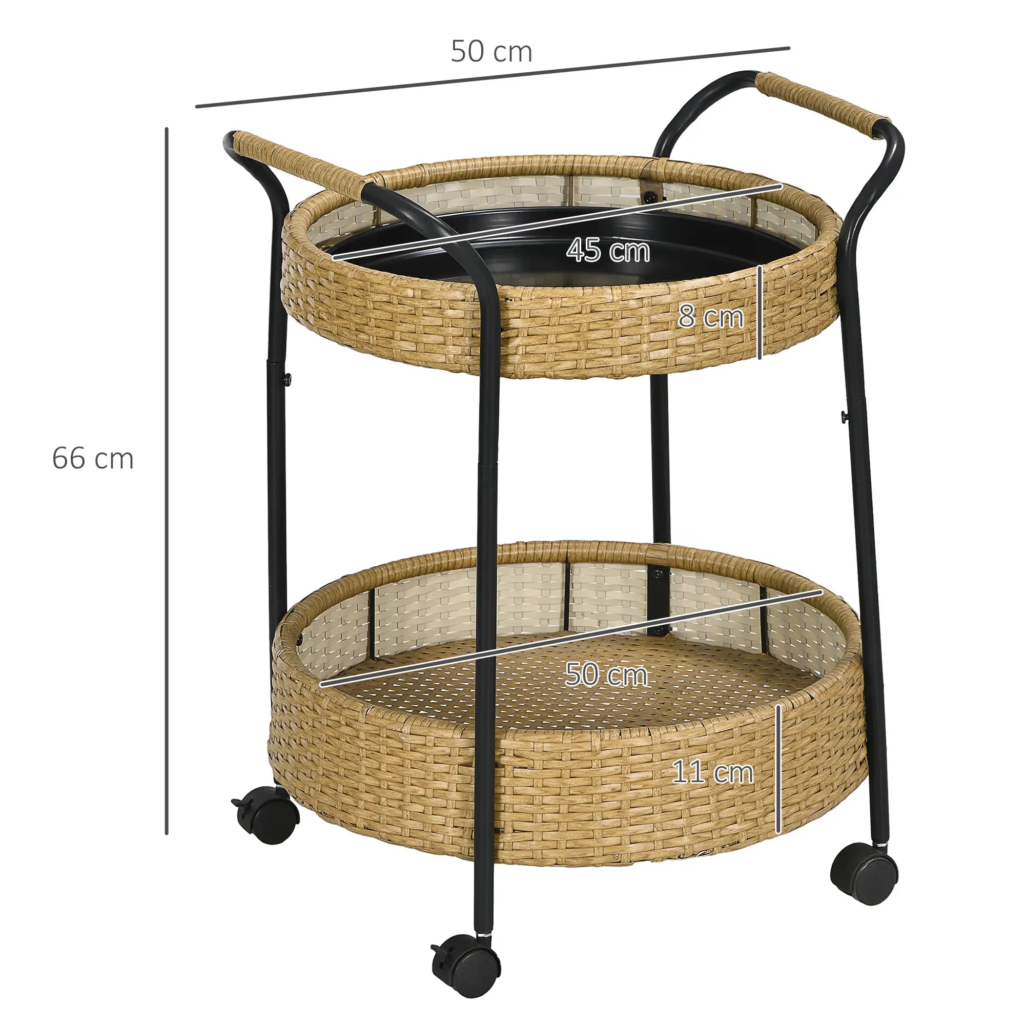 Outsunny Outdoor Servierwagen, 2 Etagen, Bremsen, Polyrattan, Metallrahmen, Φ50 x 66H cm, Gelb