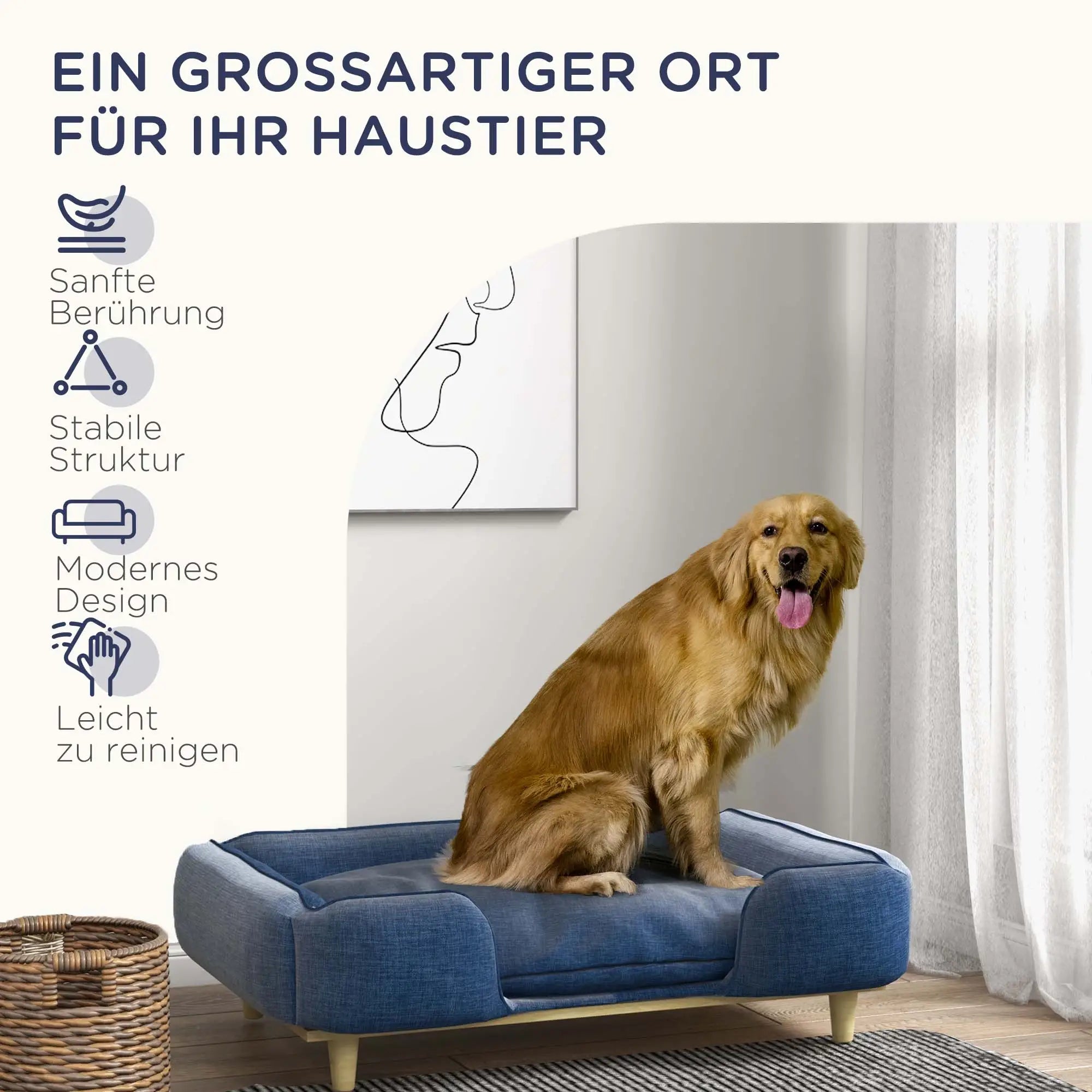 PawHut Hundesofa, Haustiersofa, Haustierbett, abnehmbares u. waschbares Polster, Natur+ Dunkelblau