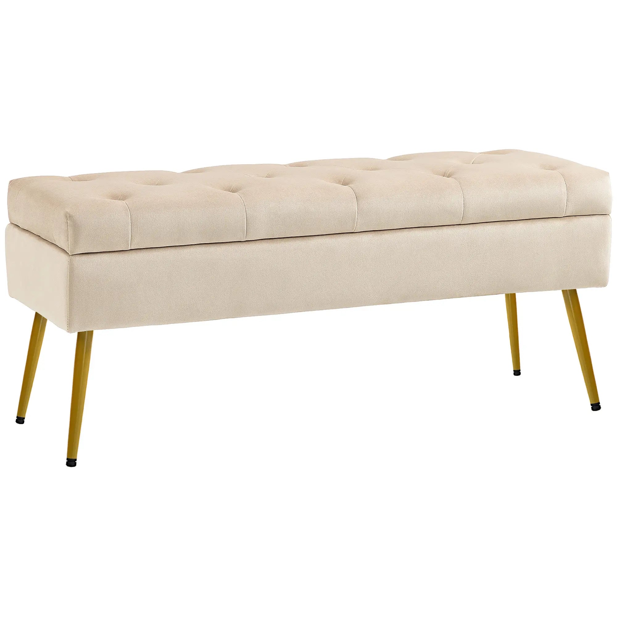 HOMCOM Stauraum-Sitzbank in Samtoptik, gepolsterter Fußhocker mit getuftetem Design, Metallrahmen, 102 x 35 x 43 cm, Beige
