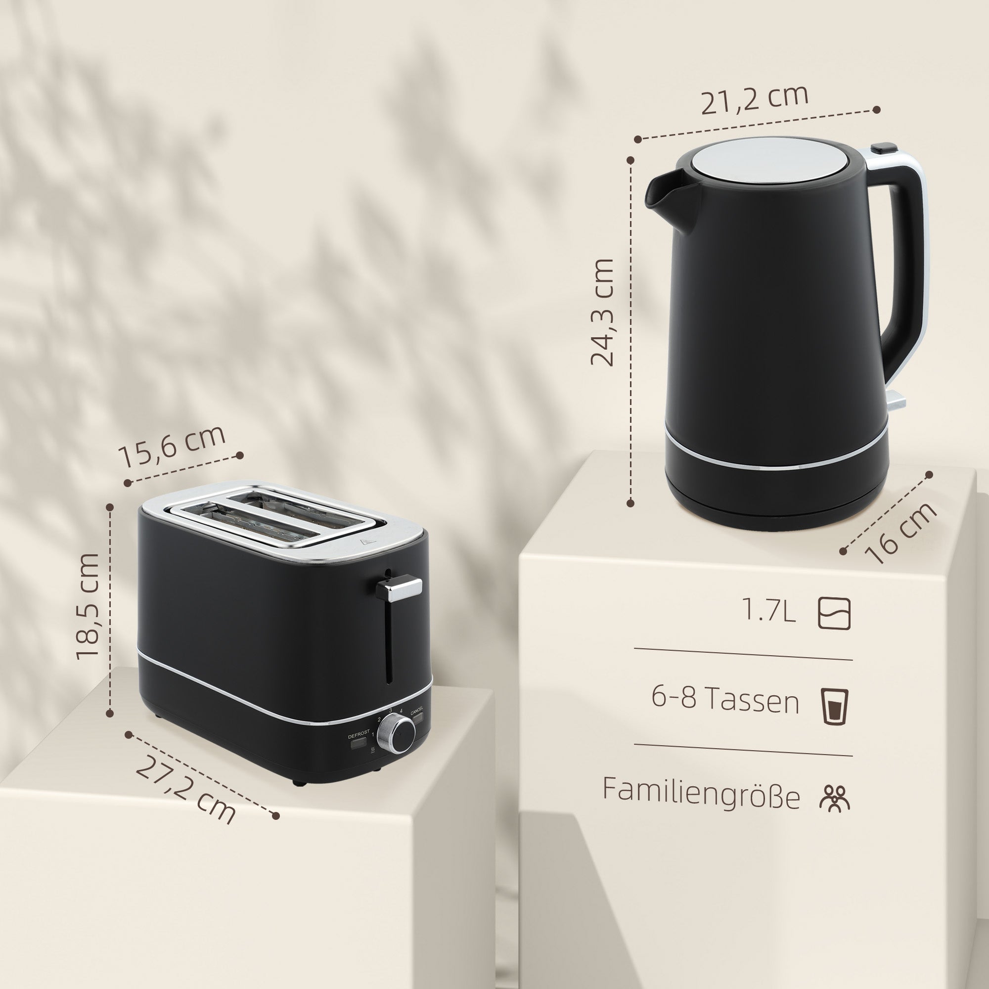 HOMCOM Set aus 1,7 L Wasserkocher und Toaster mit 6 Bräunungsstufen, Schwarz/Stahl