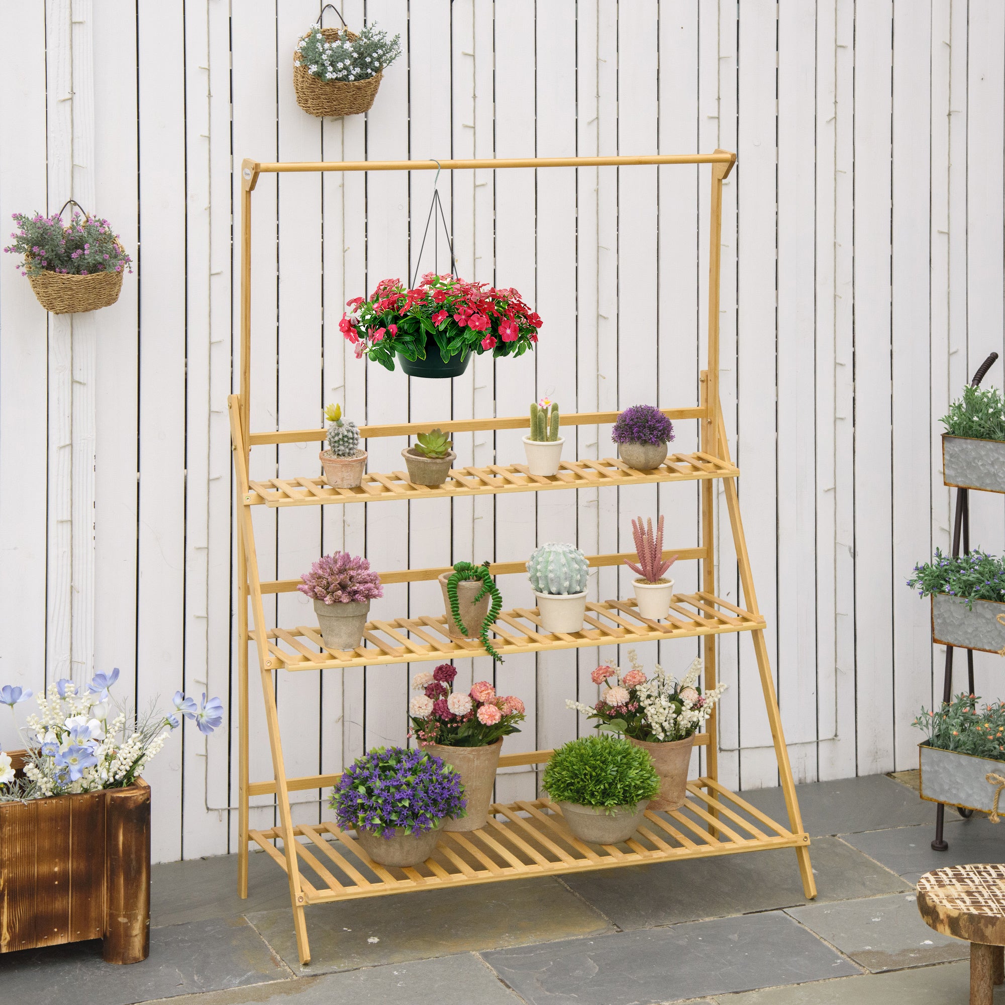 Outsunny Blumentreppe aus Holz Pflanzenständer Leiterregal einstellbare Hängehöhe Blumenständer hängende Bamboo Natur innen draußen 100 x 40 x 143 cm