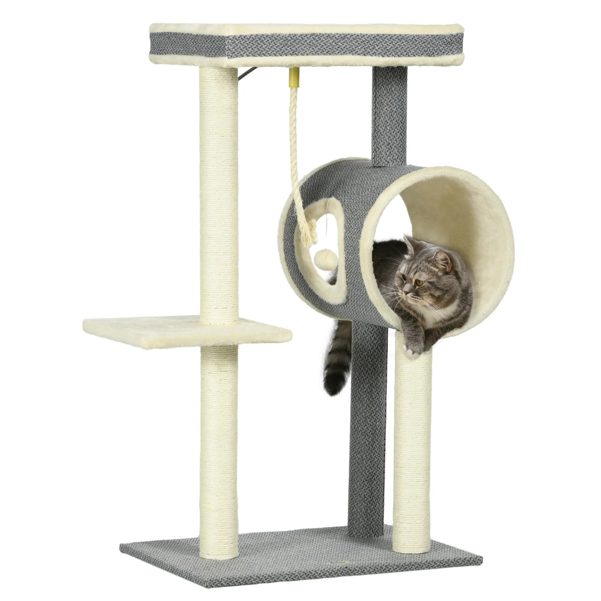 PawHut Kratzbaum Katzenbaum, 1 Katzenhöhle, 2 Liegeflächen, 60 cm x 40 cm x 104 cm, Grau + Natur