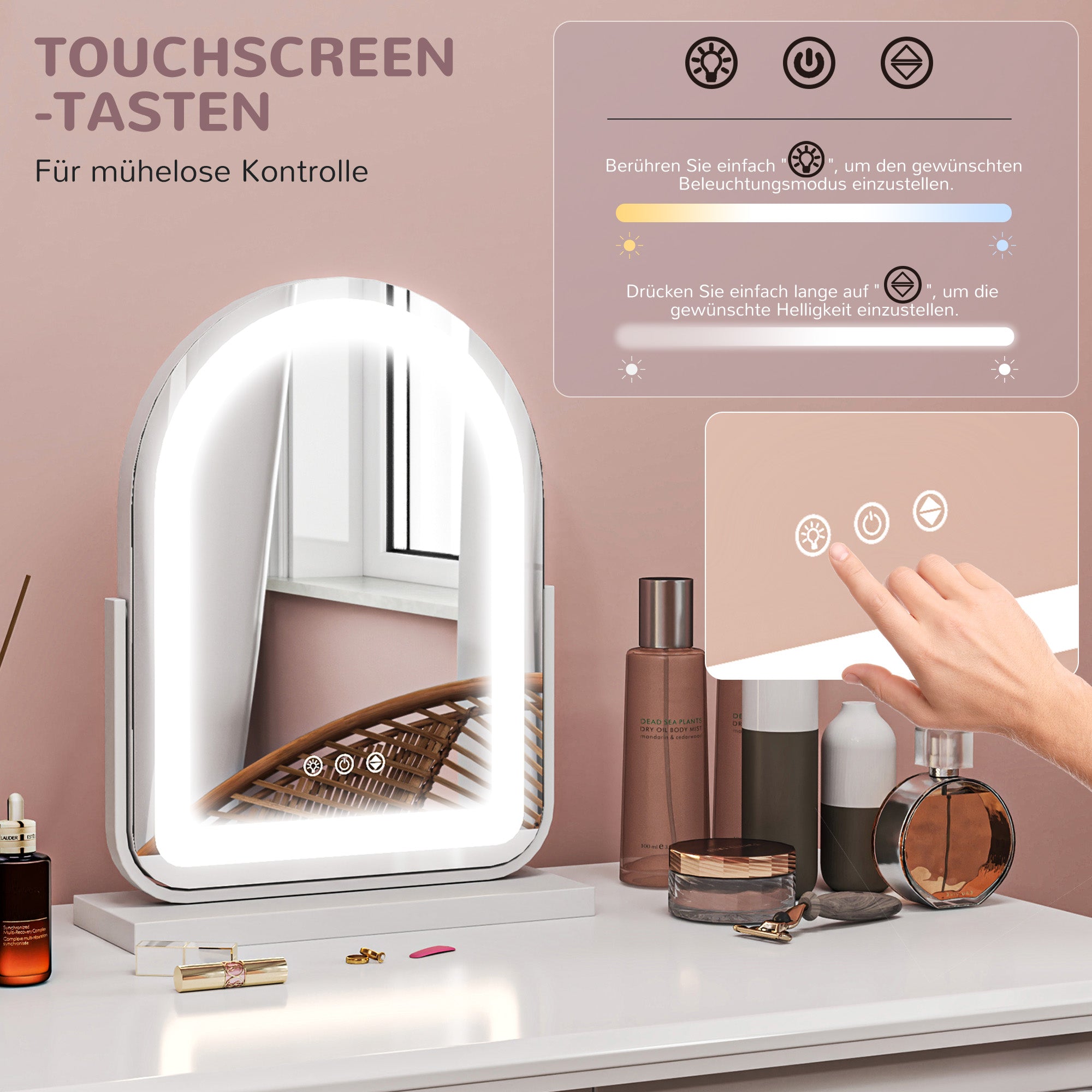HOMCOM Kosmetikspiegel mit LED-Beleuchtung, 3 Lichttemperaturen, drehbar, Touch-Steuerung, Weiß