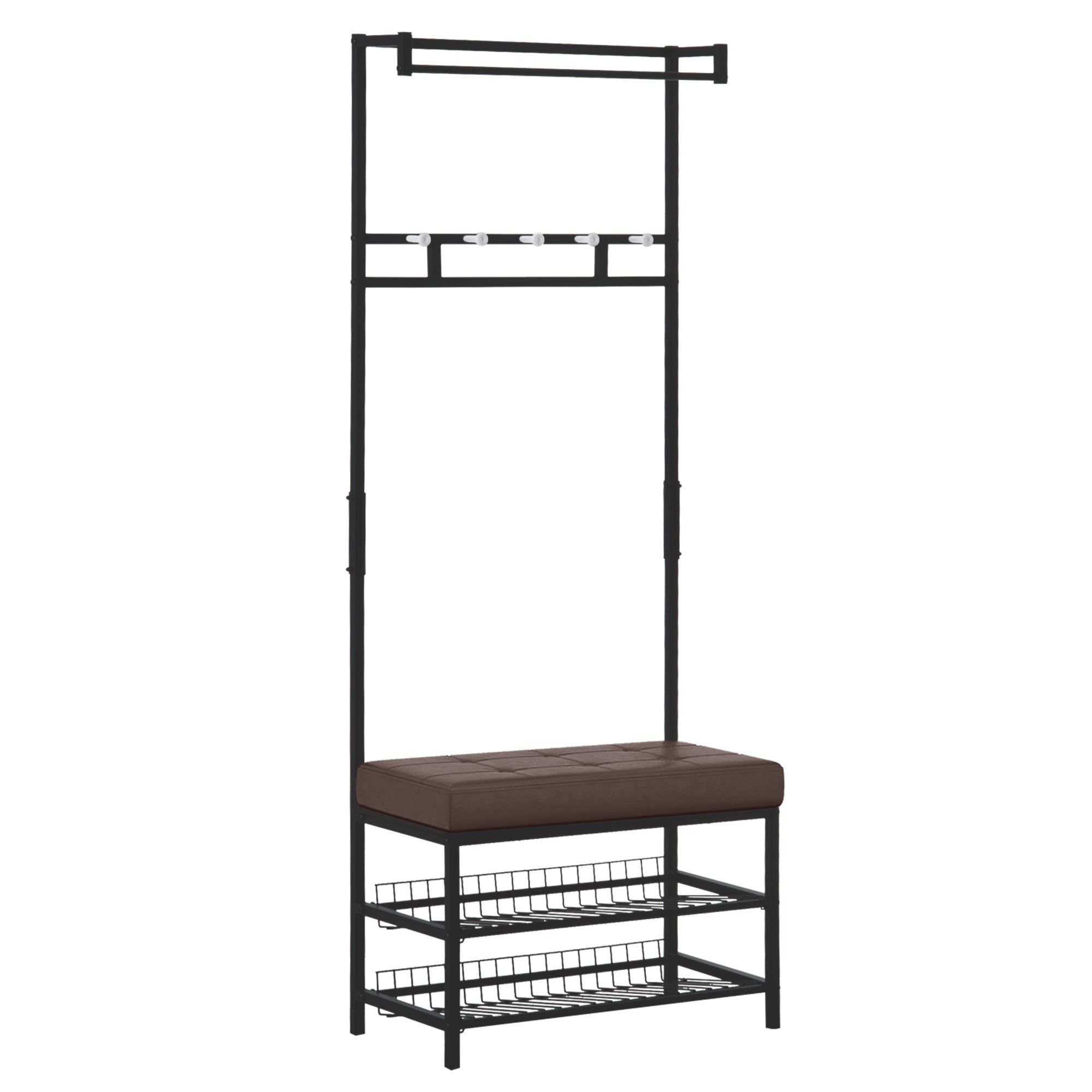 HOMCOM Garderobenständer Kleiderständer mit 5 Haken und Schuhbank mit 2 Ebenen Garderobe aus Metall für Flur, Schlafzimmer, 72,5 x35 x 180cm