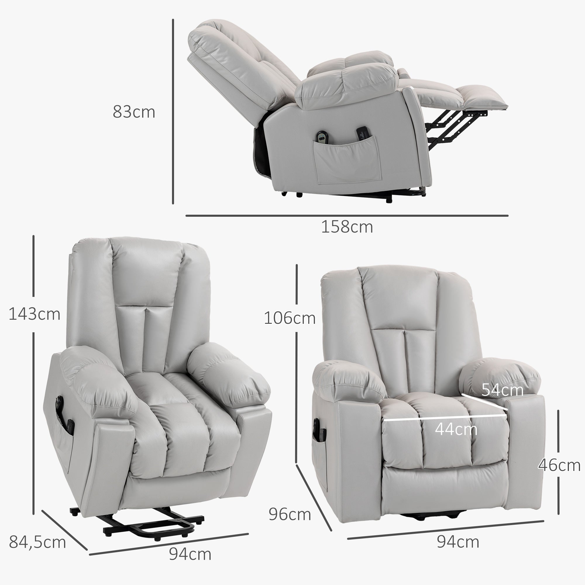 HOMCOM Massagesessel Relaxsessel Seniorensessel, Fernbedienung, Seitentaschen, 94 cm x 96 cm x 106 cm, Grau