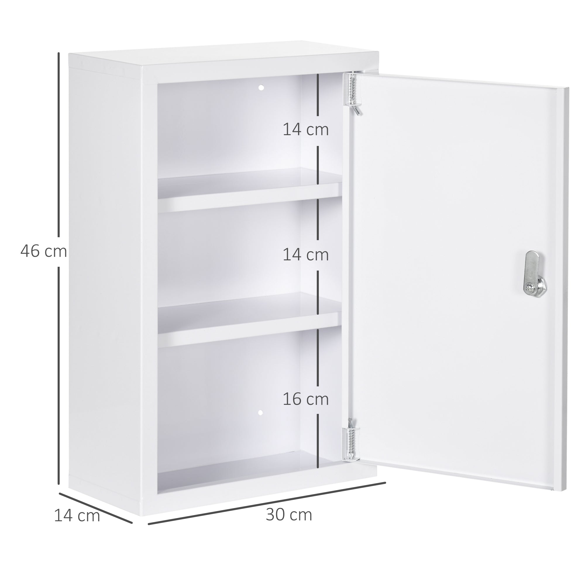 kleankin Medizinschrank, 3 Fächer, abschließbare Tür, stabiles Stahlgehäuse, weiß, 30 x 14 x 46 cm