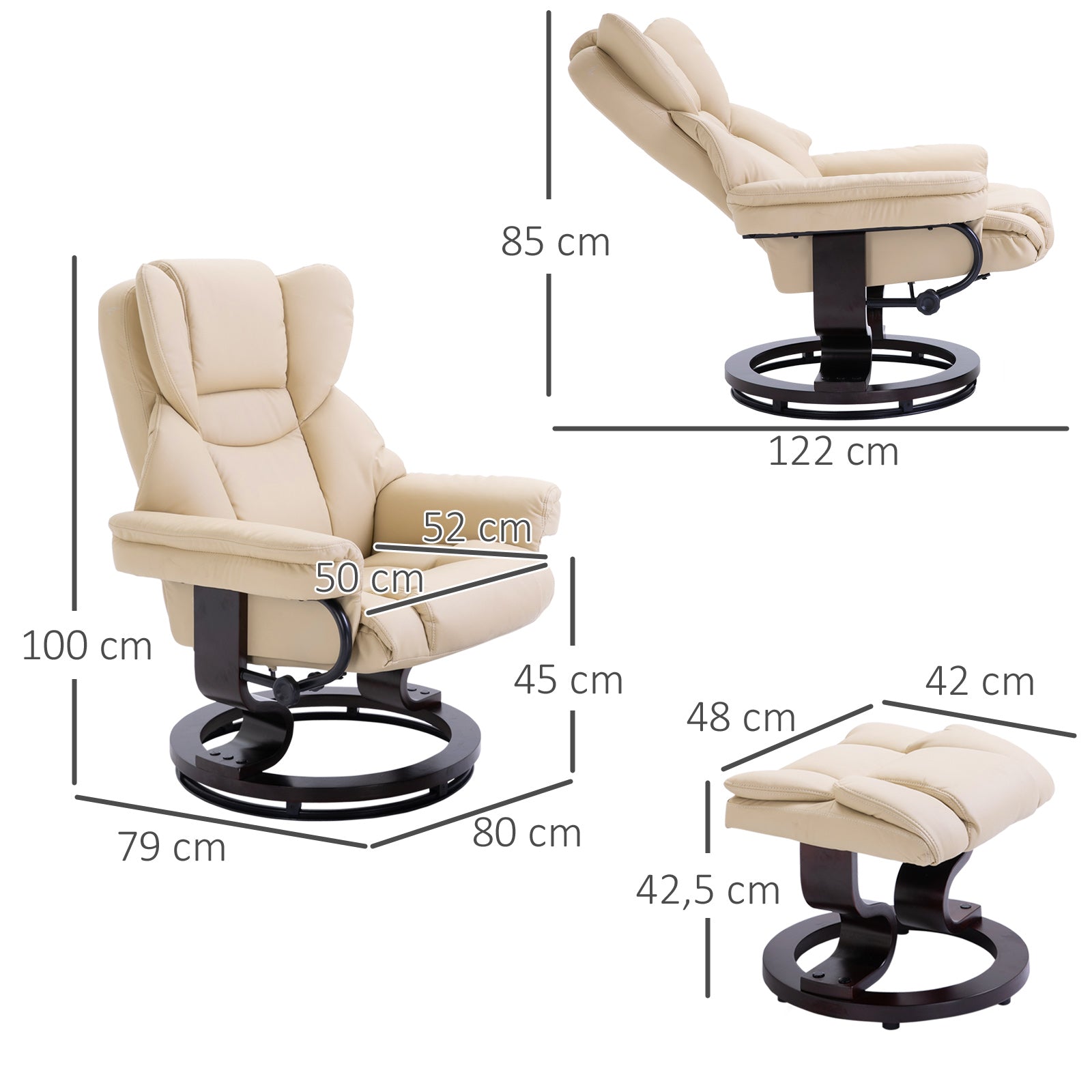 HOMCOM Relaxsessel mit Hocker, Liegefunktion, drehbar, bis 160 kg, Kunstleder, Metallrahmen, creme, 80 x 79 x 100 cm