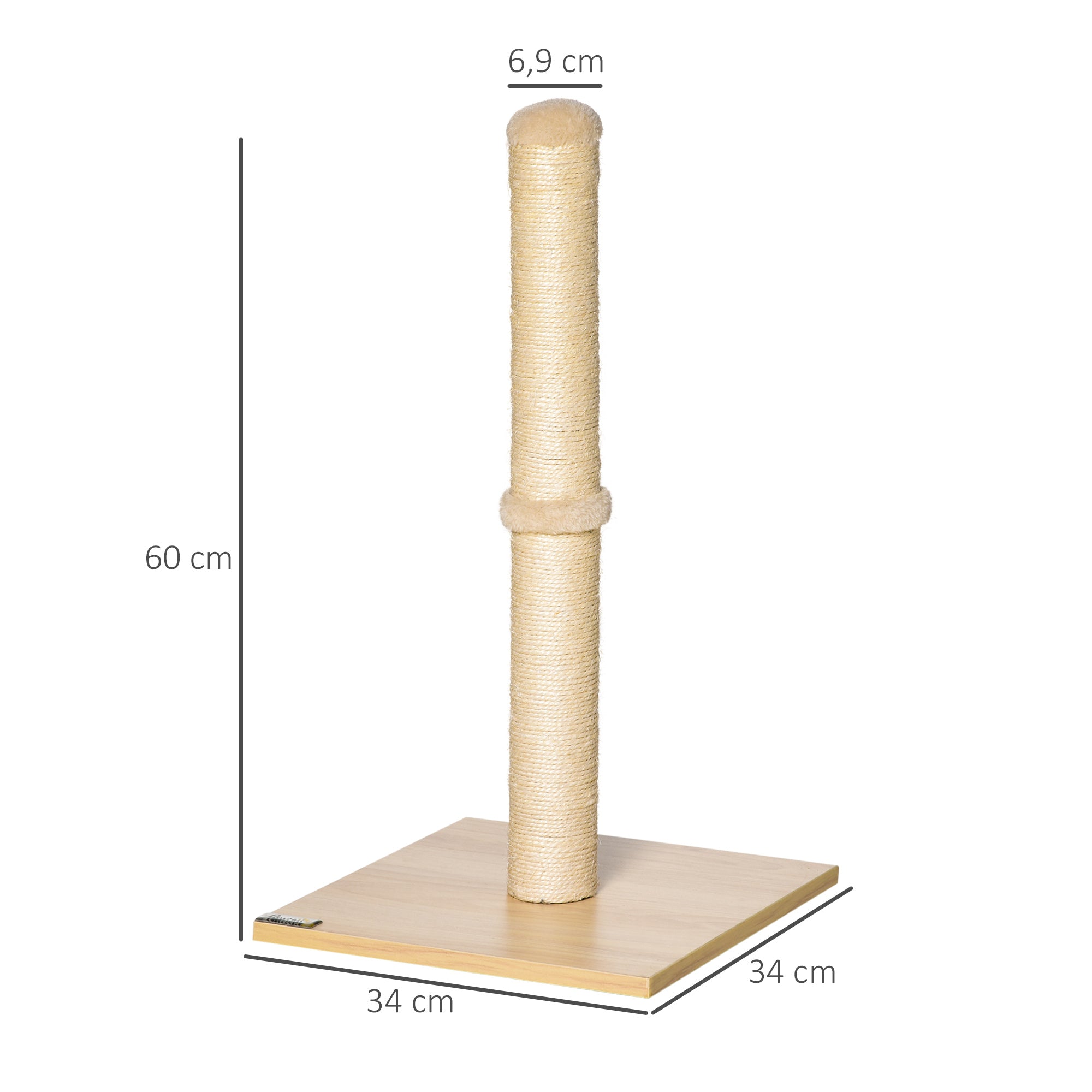 PawHut Kratzstamm für Katzen Kratzsäule aus Sisal stabiler Kratzbaum Kratz Spielzeug Katze mit Ball 60 cm Spanplatte Sisal Beige+Eiche 34 x 34 x 60 cm