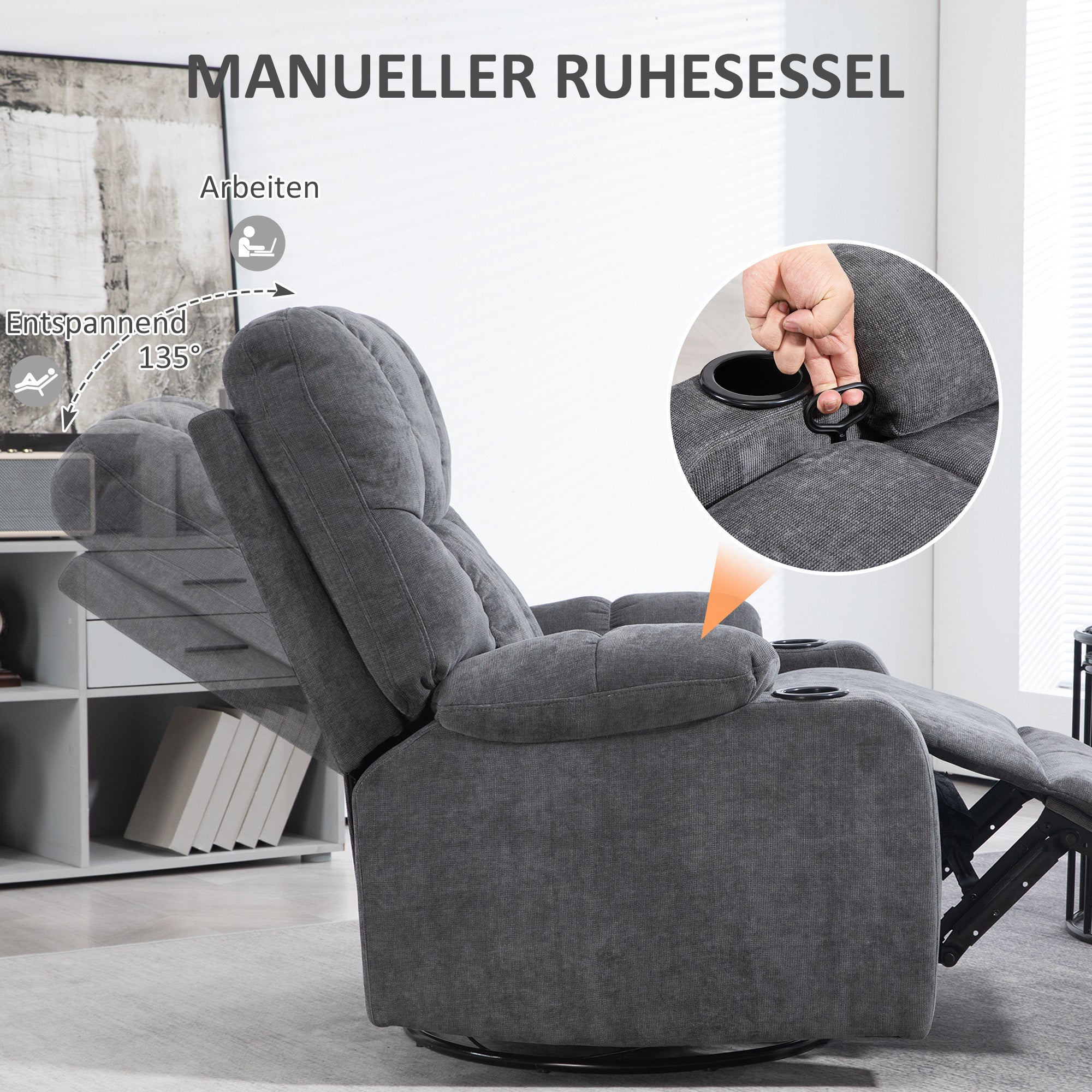 HOMCOM Relaxsessel mit Fußstütze, Liegesessel, drehbar, bis 150 kg, Stahlrahmen, 88x96x108cm, Dunkelgrau