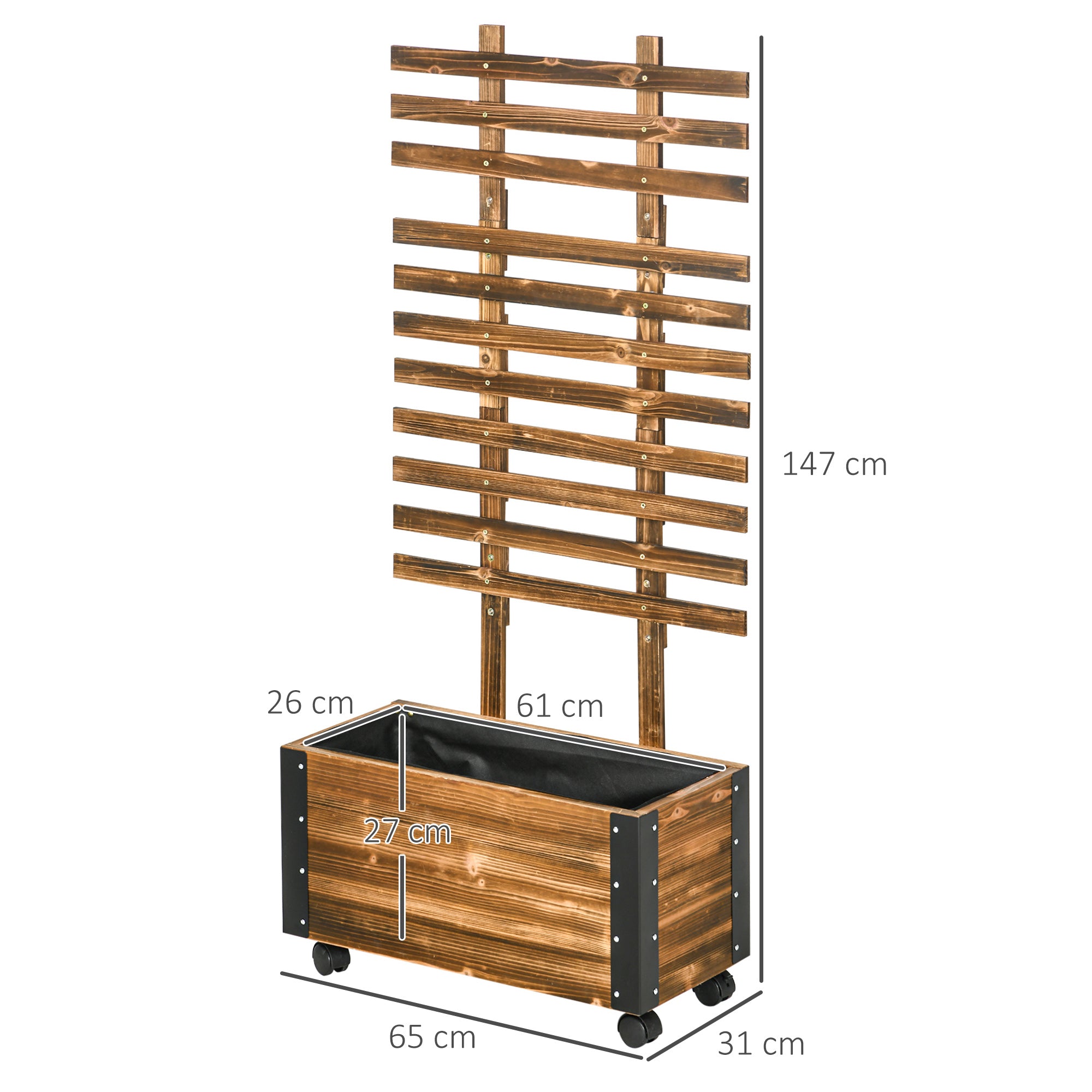 Outsunny Hochbeet mit Rankhilfe, 4 Rollen, behandeltes Massivholz, 65 cm x 31 cm x 147 cm, Schwarz + Braun