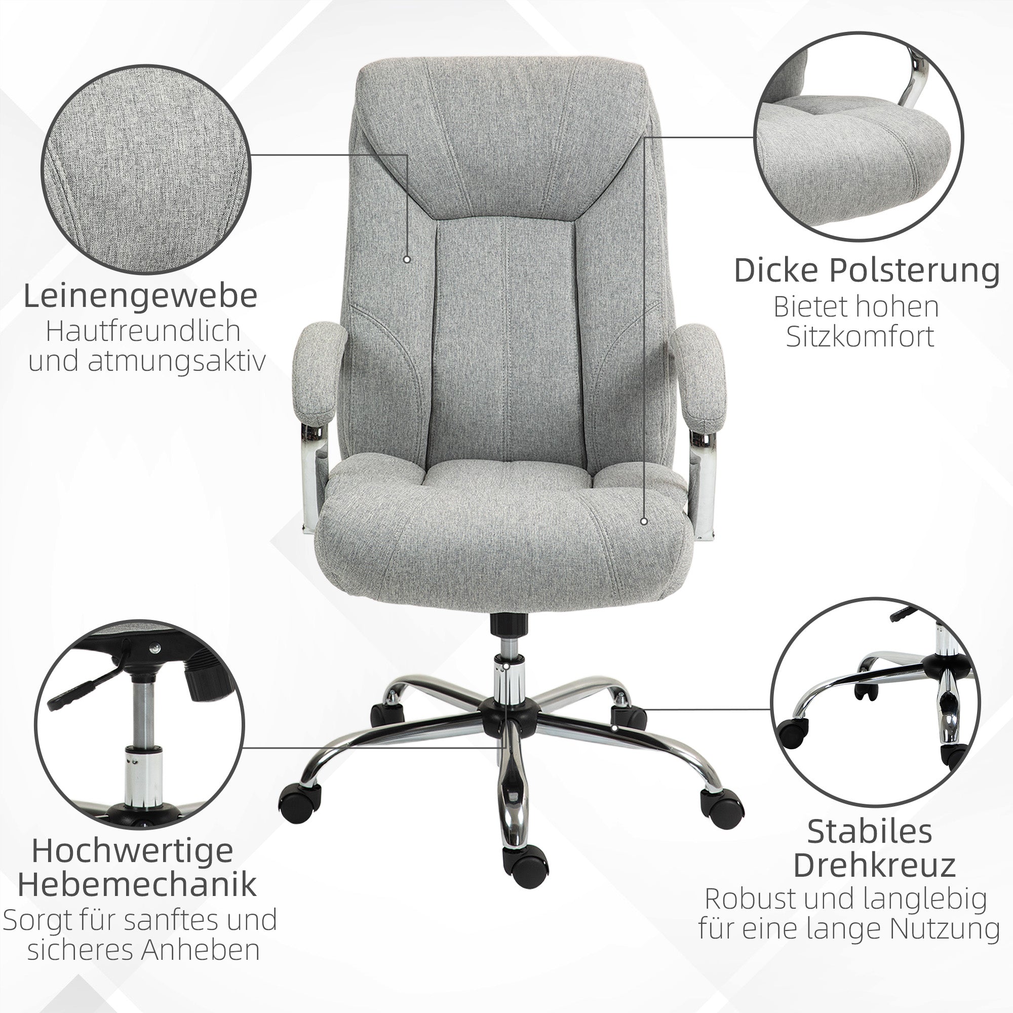 Vinsetto Ergonomischer Bürostuhl, hohe Rückenlehne, atmungsaktiver Bezug, verstellbare Höhe, Grau