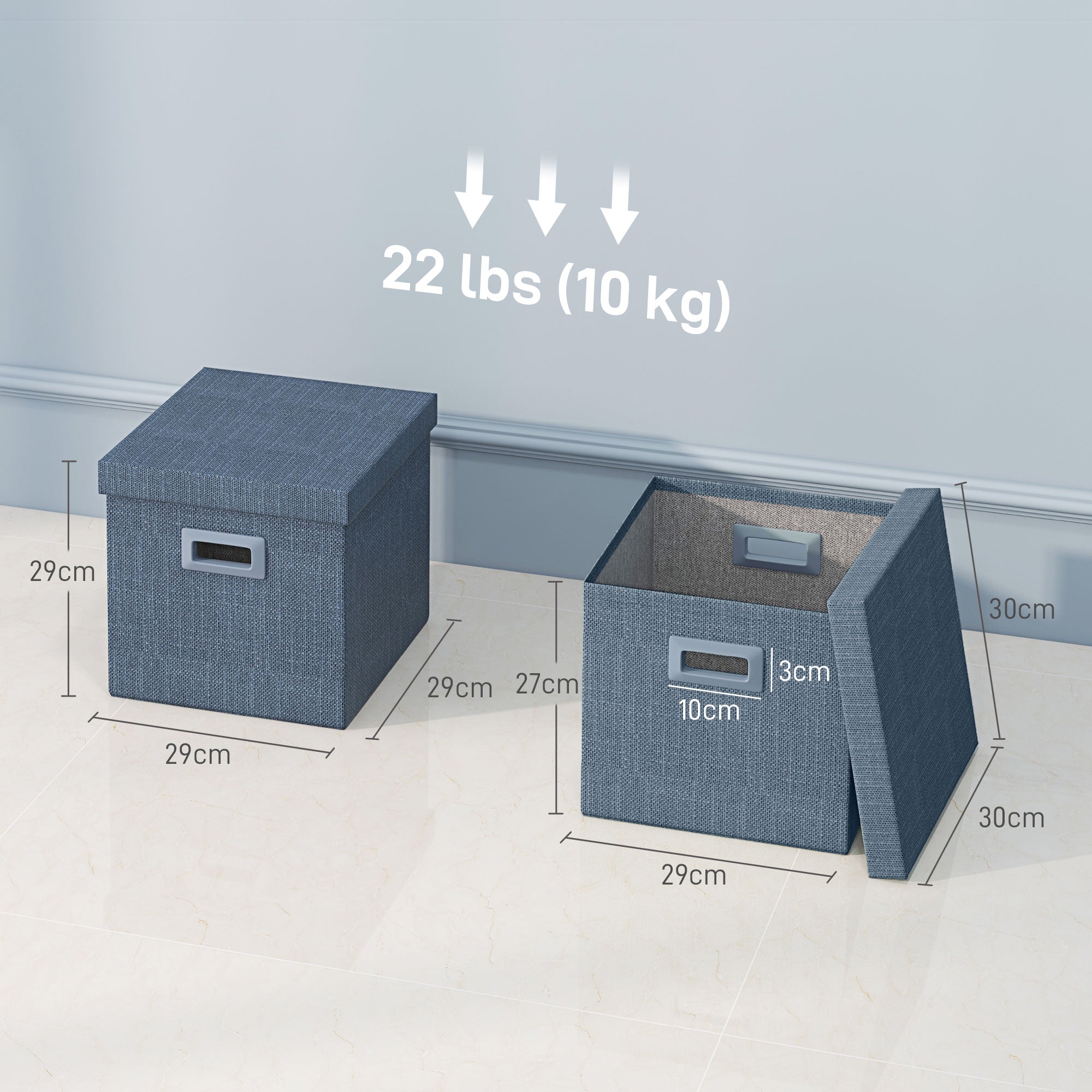 HOMCOM Aufbewahrungsbox Set, abnehmbarer Deckel, Griffe, faltbar, stapelbar, Leinenimitat, Blau