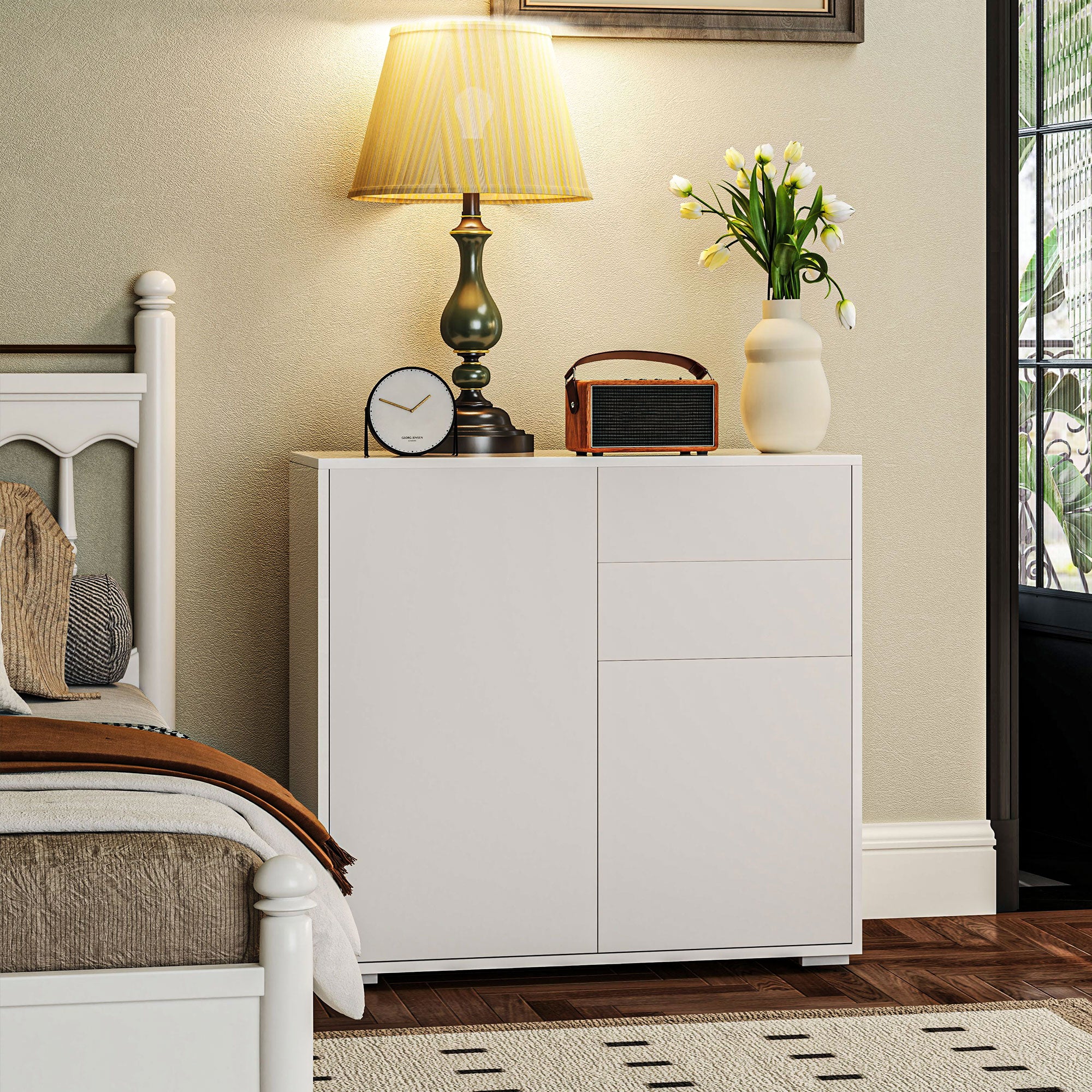 HOMCOM Aufbewahrungsschrank mit 2 Schubladen, 2 Türen, mit Kippschutz, für Wohnzimmer, Schlafzimmer, 79 x 36 x 74 cm, Weiß