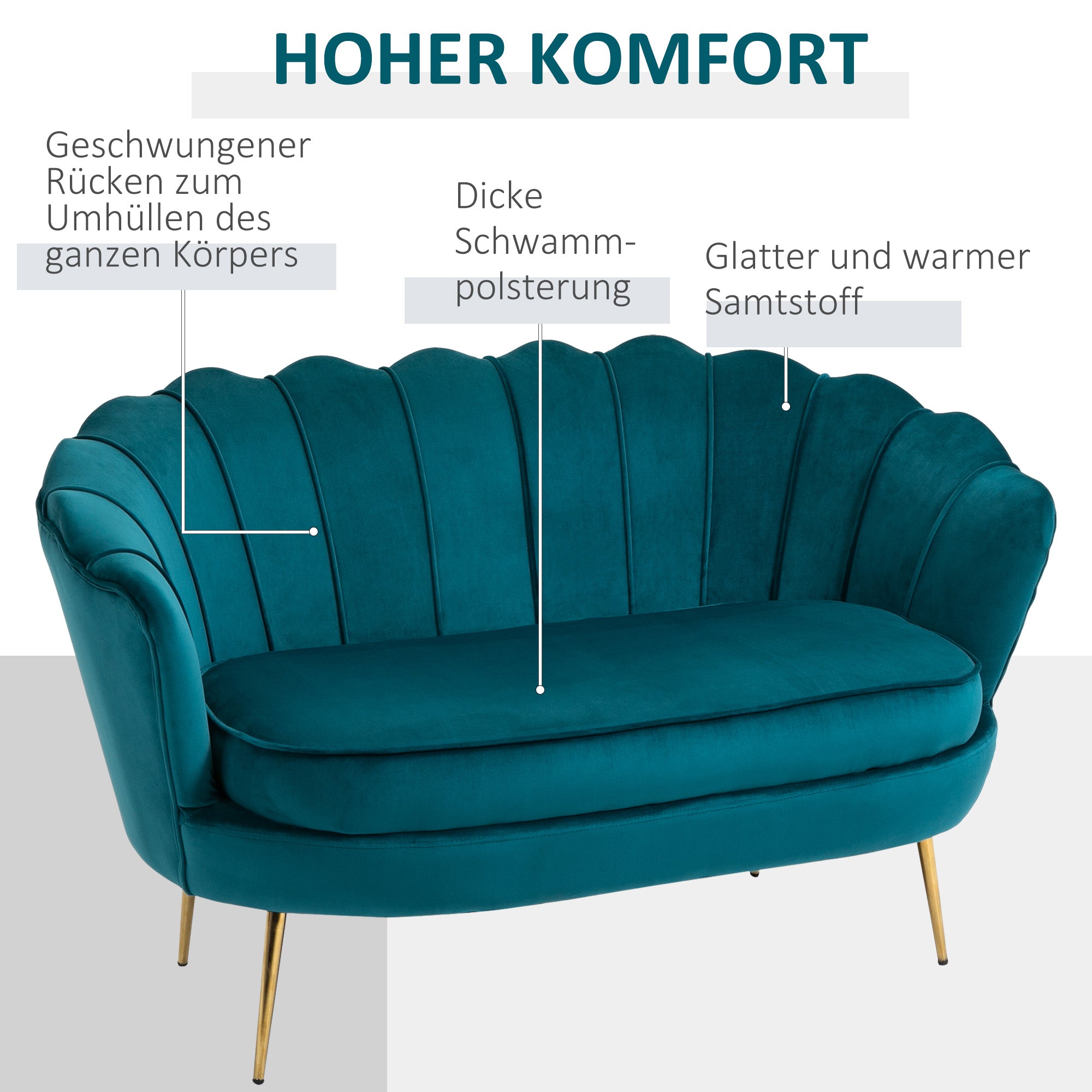 HOMCOM 2-Sitzer-Sofa, Couch, Polstersofa, Samtoptik, Doppelsofa, bis 150 kg belastbar, 130 x 77 x 77 cm, Dunkelgrün