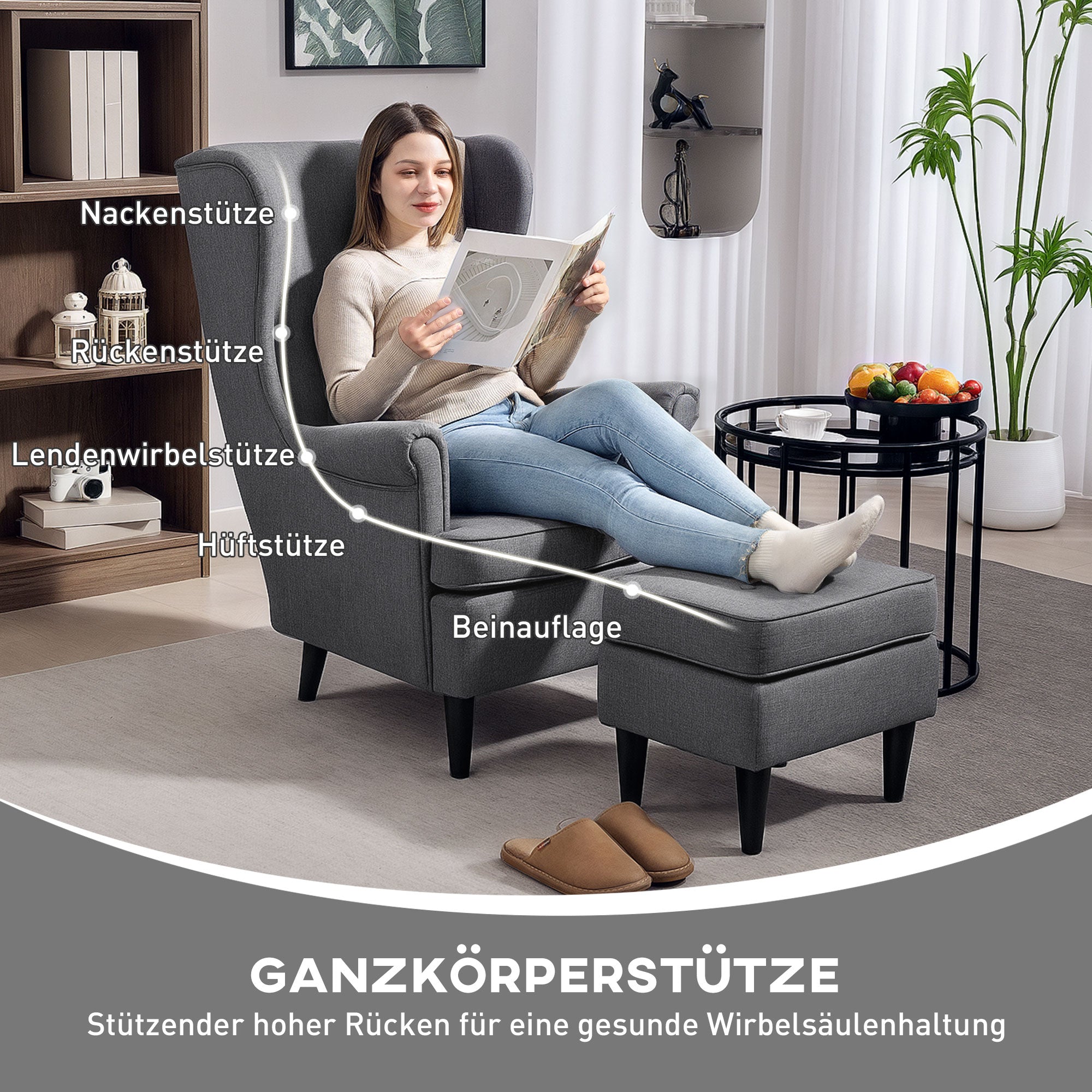 HOMCOM Ohrensessel mit Fußhocker, Polstersessel mit Kautschukholzbeinen, Stoffbezug, Grau