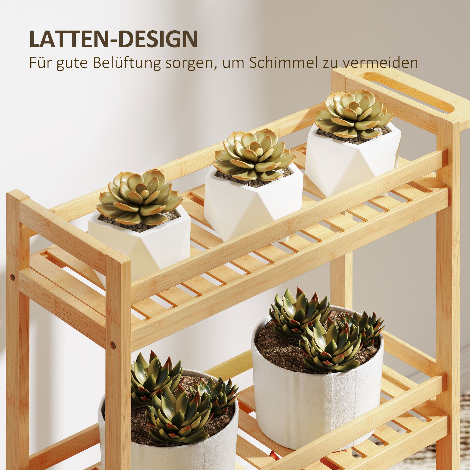 HOMCOM Servierwagen, 3 Etagen, Lamellenböden, Herausfallschutz, Bambus, 55 x 20 x 75 cm
