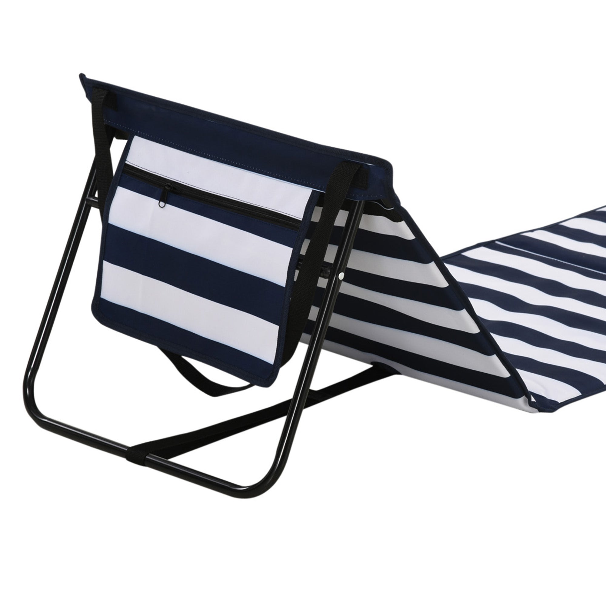 Outsunny Strandliege, klappbar, verstellbare Rücklehne, Seitentasche, weiche Polsterung, Stahlrahmen, blau+weiß, 142x51x40cm
