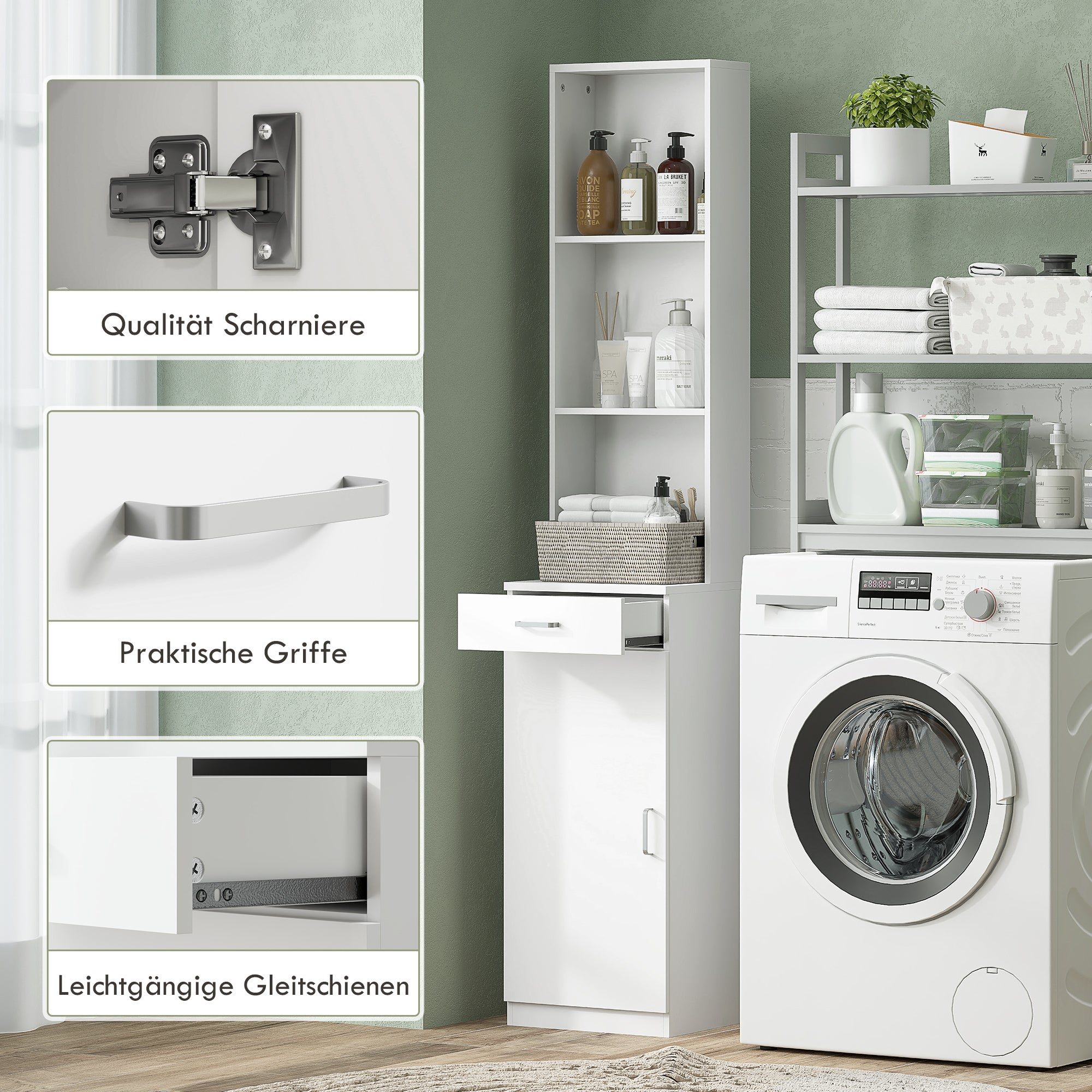 HOMCOM Hoher Badezimmerschrank, schmales Design, Schublade, Regale, Schrank, Spanplatte, Weiß