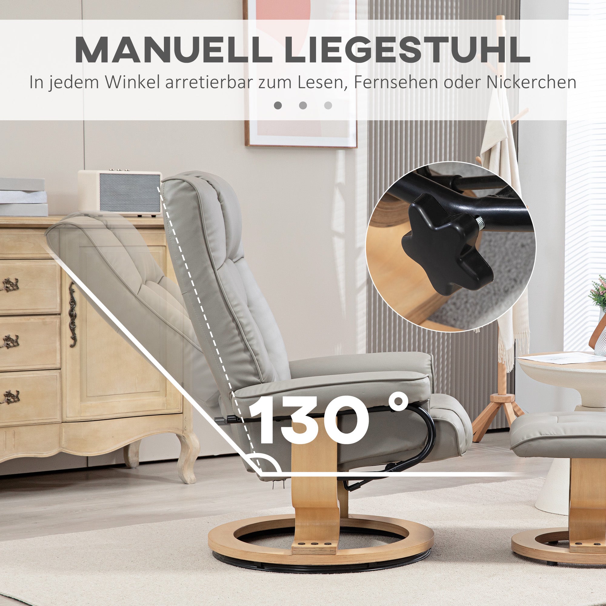 HOMCOM Relaxsessel mit Hocker, drehbar & neigbar, Kunstlederbezug, bis 150 kg, Holzgestell, Grau