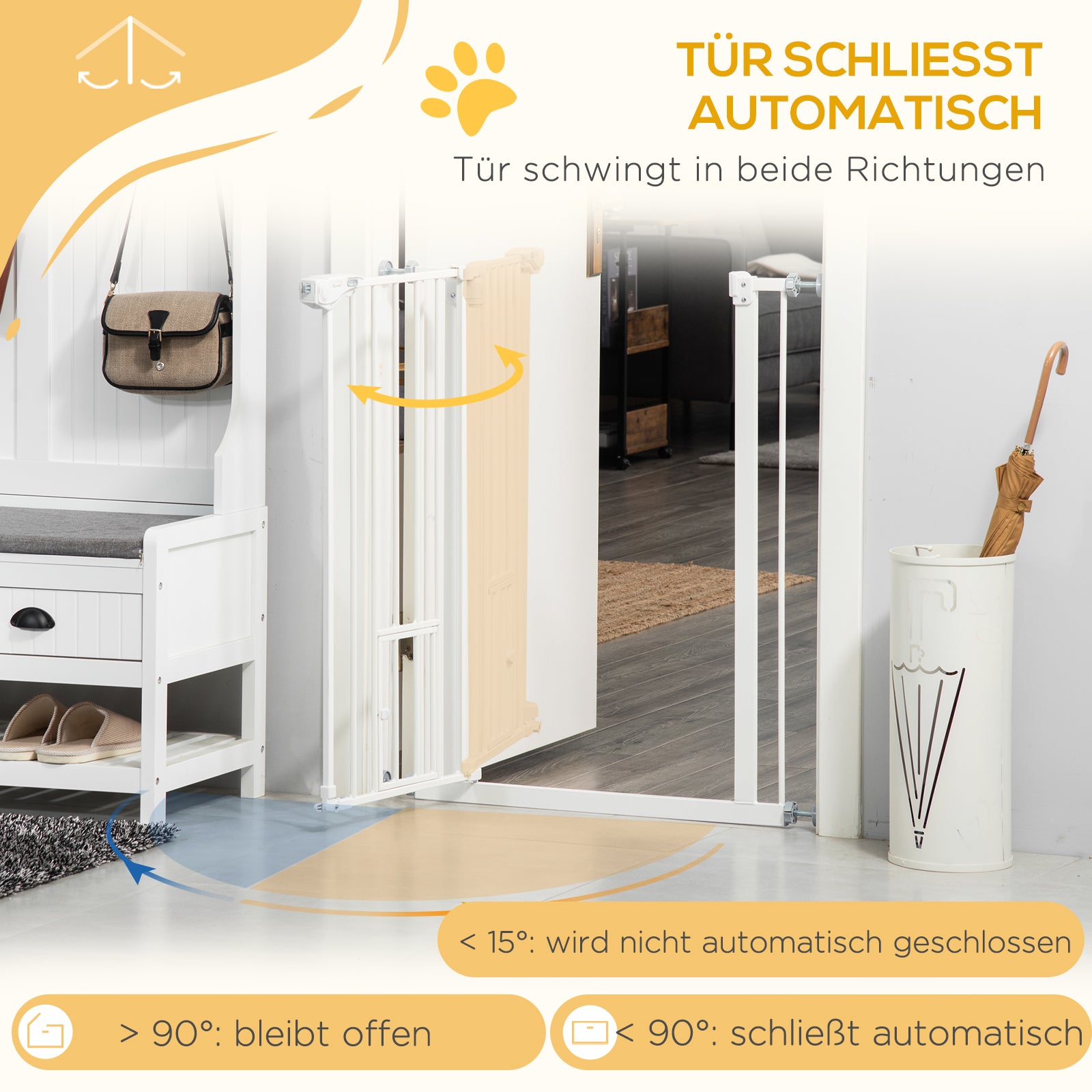 PawHut Türgitter mit Katzenklappe, Montage ohne Bohren, variable Breite 74-80 cm, einhändiges Öffnen, Metall, Weiß
