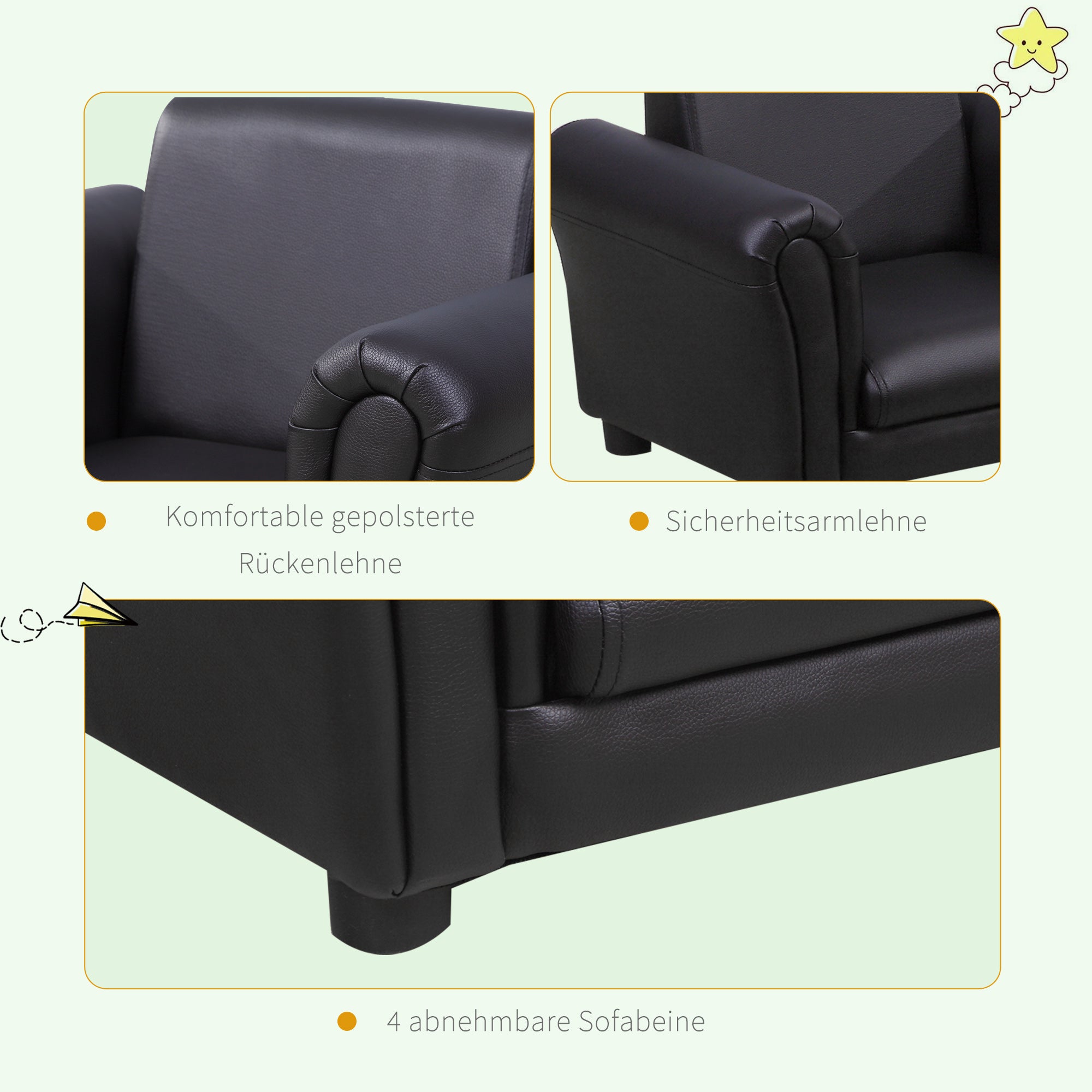HOMCOM Kindersessel mit Fußhocker Kindercouch Kindersofa Minisofa für 1,5-3 Jahre Kinder Kindermöbel Holz Schwarz 54 x 42 x 41 cm