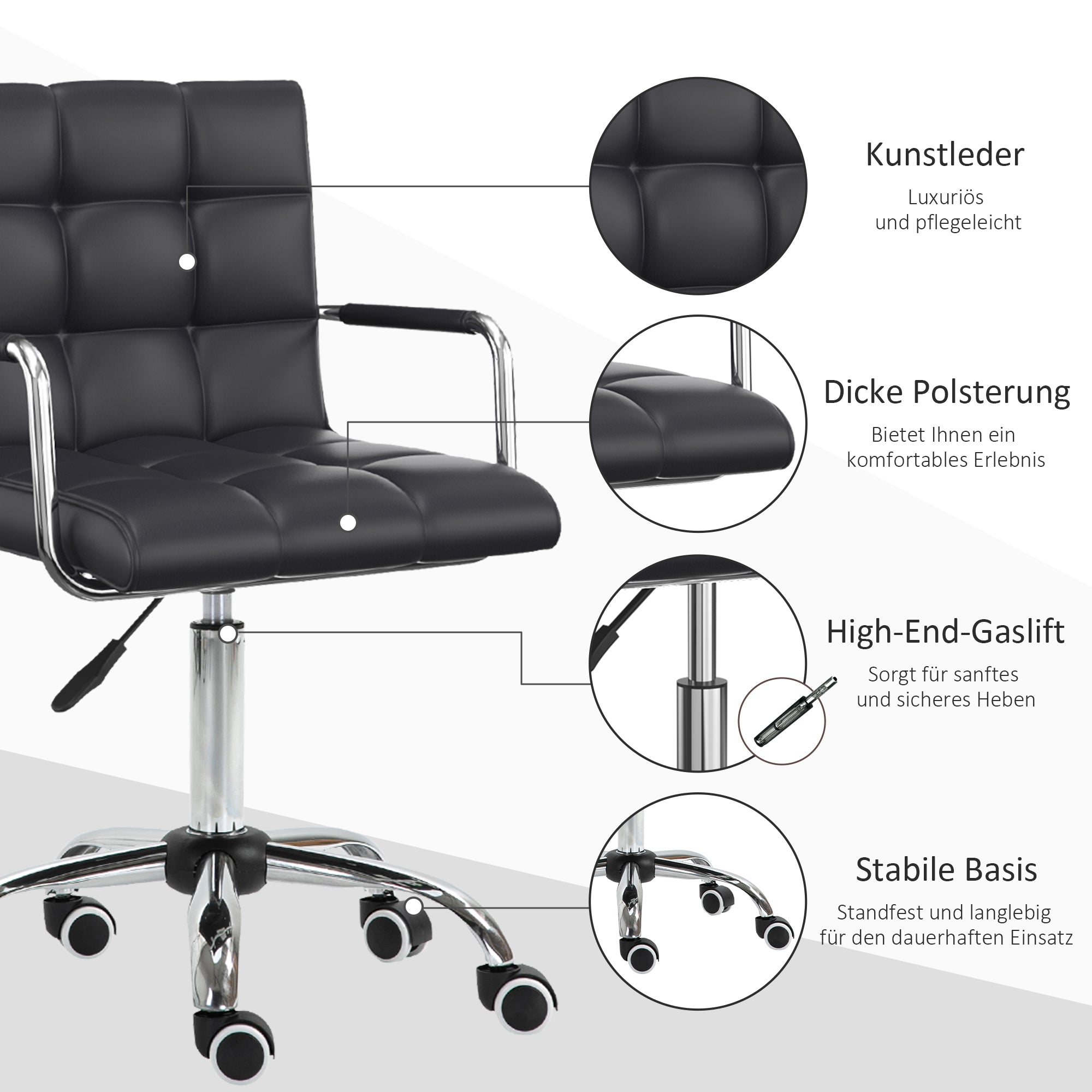 HOMCOM Bürostuhl im Retrodesign, höhenverstellbar, 5 Rollen, 52,5 cm x 54 cm x 99 cm, Schwarz