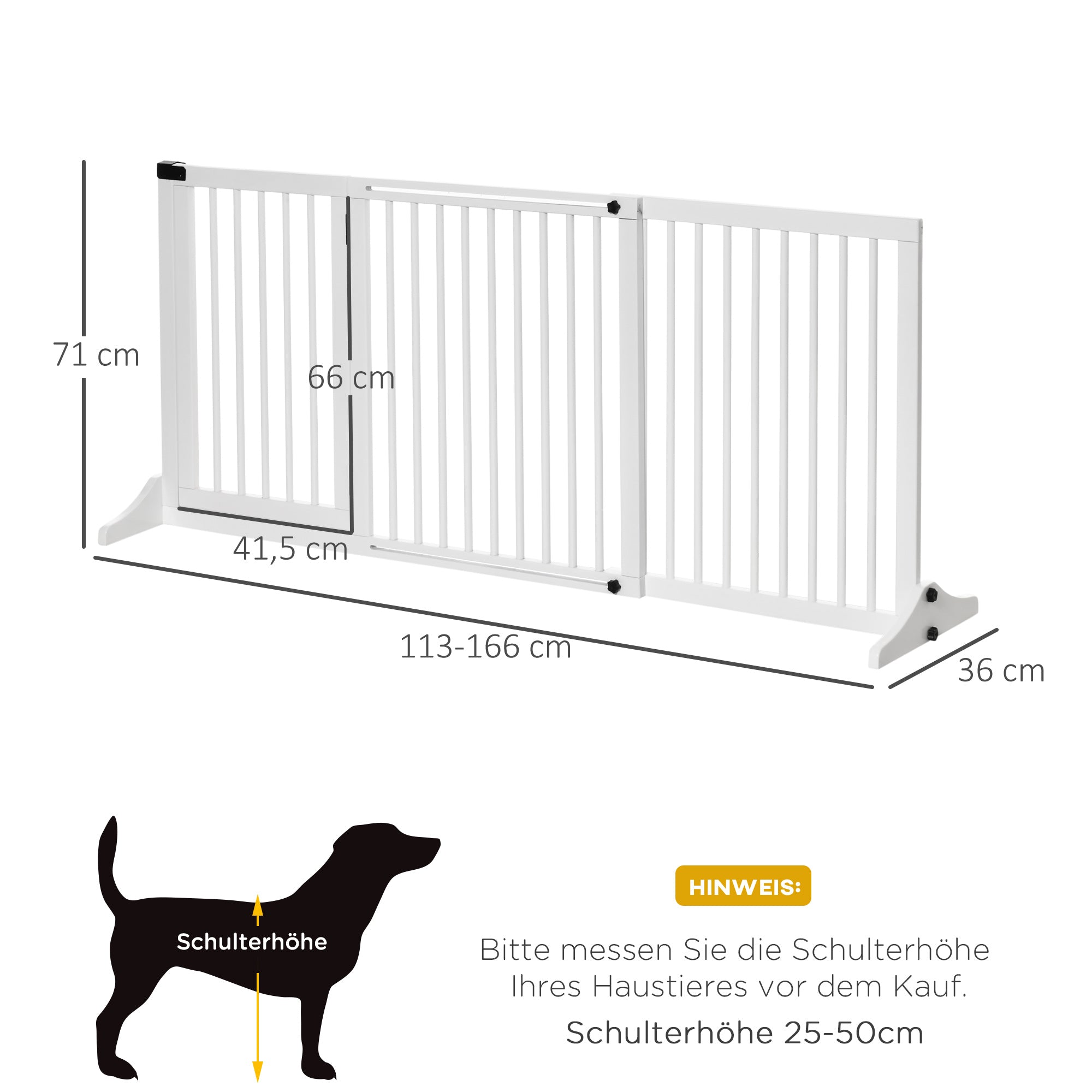 PawHut Absperrgitter Hunde Türschutzgitter Schutzgitter aus Holz Freistehendes Hundegitter mit Tür Hundeabsperrgitter Konfigurationsgitter für Kamin & Ofen Weiß 113-166 x 36 x 71 cm