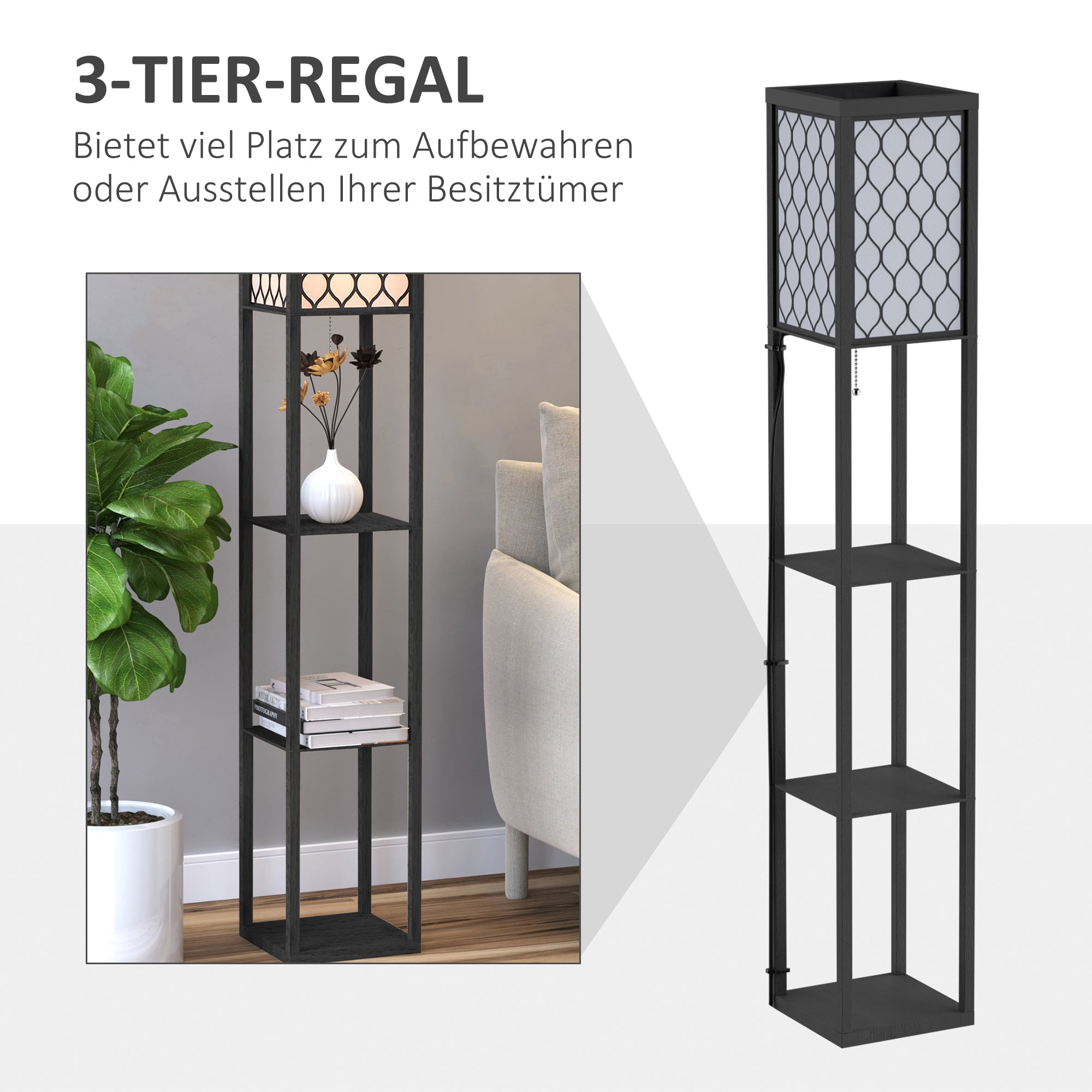 HOMCOM Stehlampe Wohnzimmer mit Regal, Stehleuchte Standleuchte mit E27 Fassung für Wohnzimmer Schlafzimmer, exkl. Glühbirne