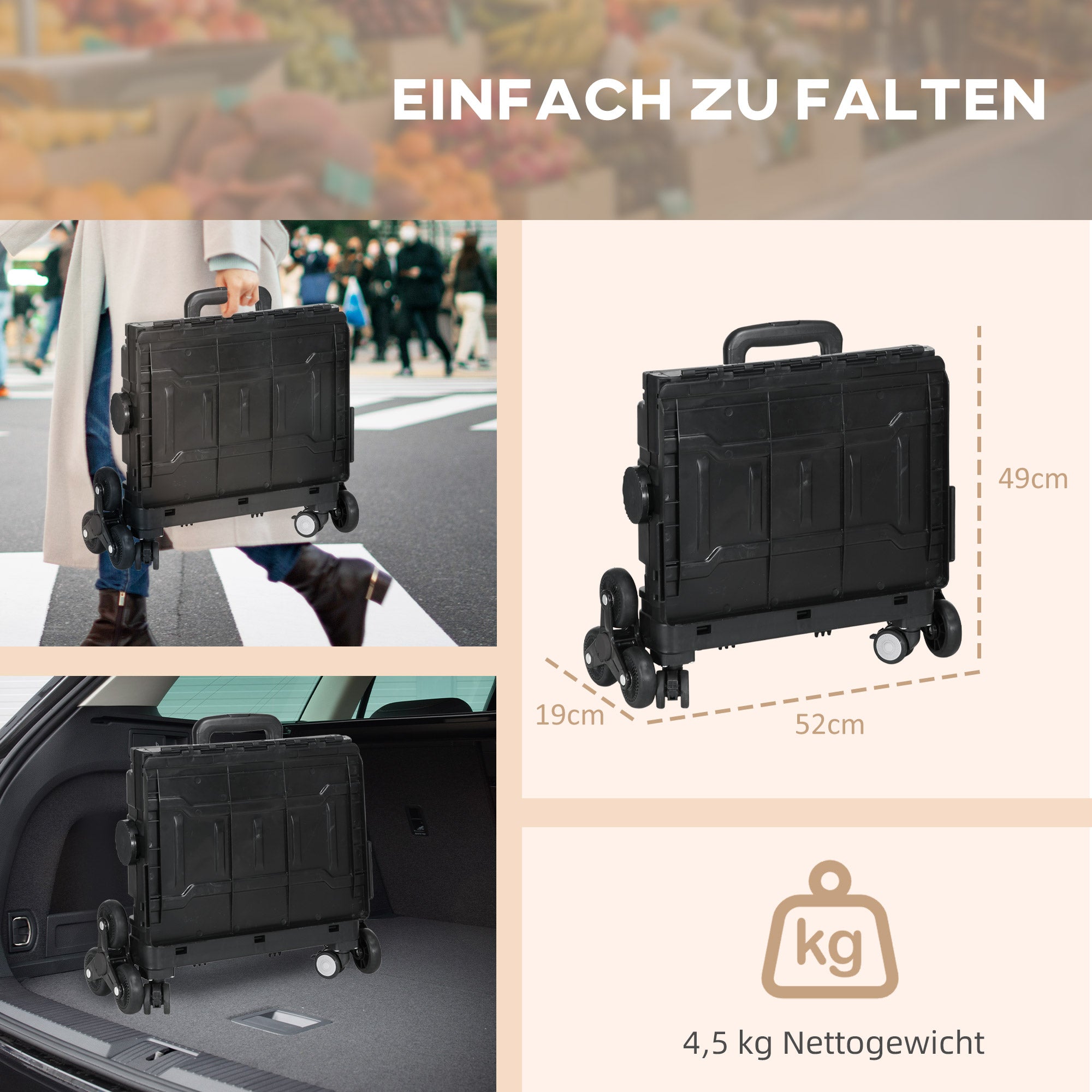 HOMCOM Einkaufswagen Einkaufstrolley, Treppensteiger,  klappbar, Teleskopgriff, bis max. 65 Kilo belastbar, Schwarz