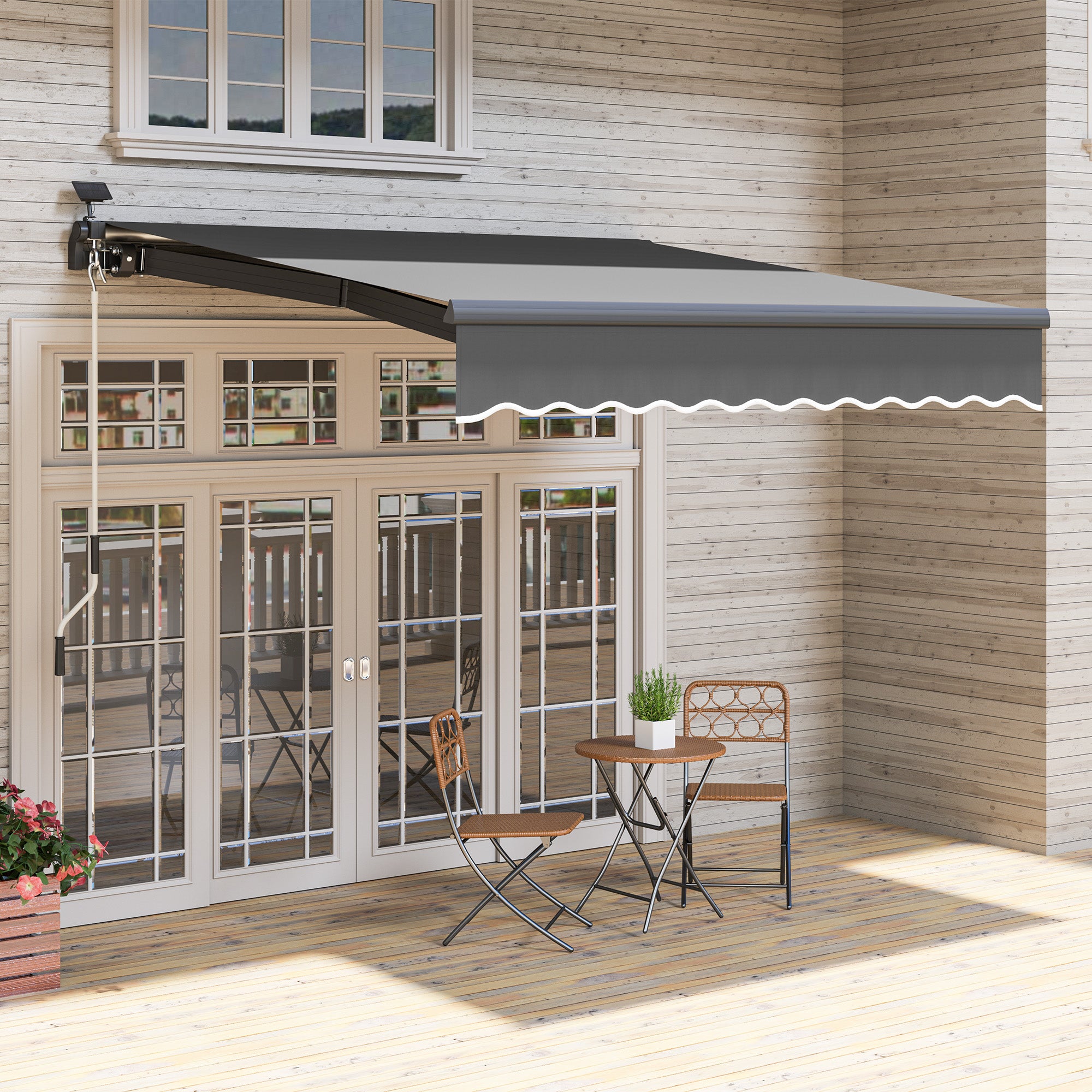 Outsunny Klemmmarkise mit Handkurbel Solar-Lichte Gelenkarmmarkise Markise Sonnenschutz UV 50+ 300 cm breit Grau