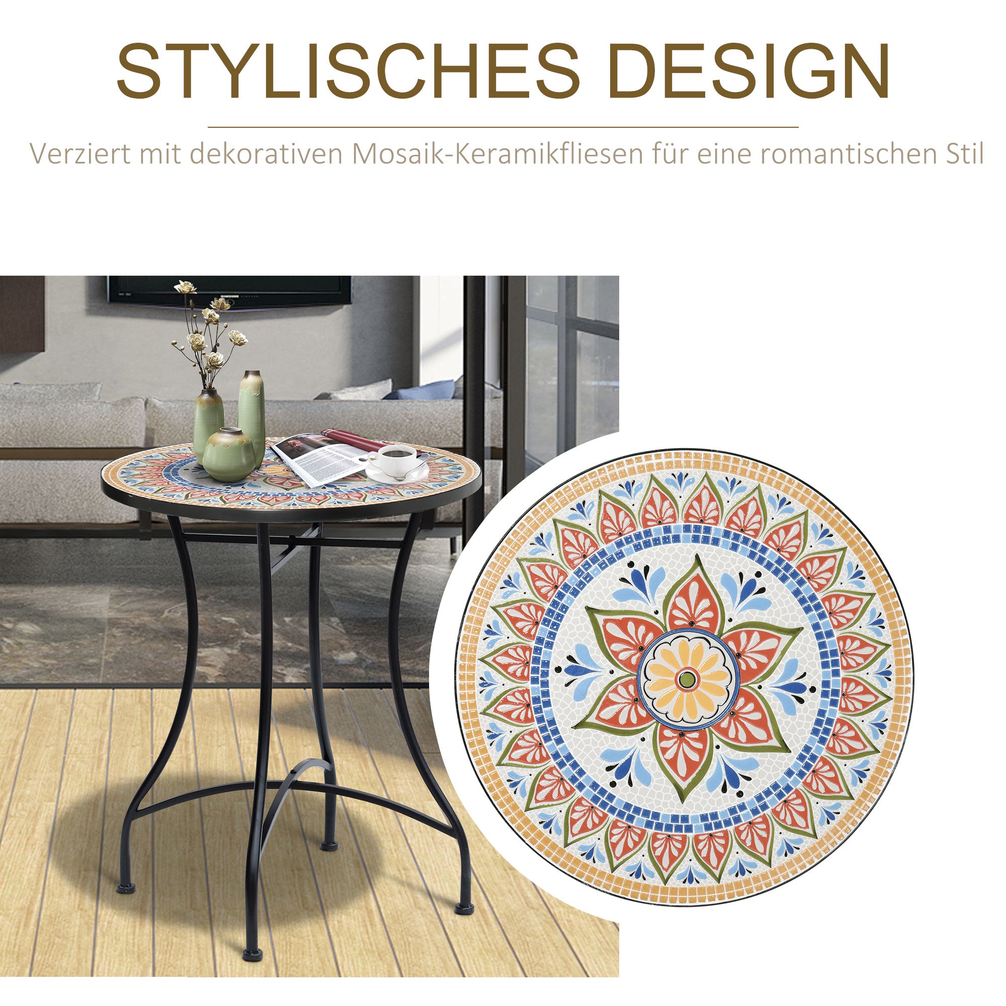 Outsunny Gartentisch Ø60 cm, Wetterfest Balkontisch aus Metall, Esstisch Outdoor, Campingtisch Beistelltisch, rund Terrassentisch für Garten Terrasse Balkon Rot+Blau+Weiß