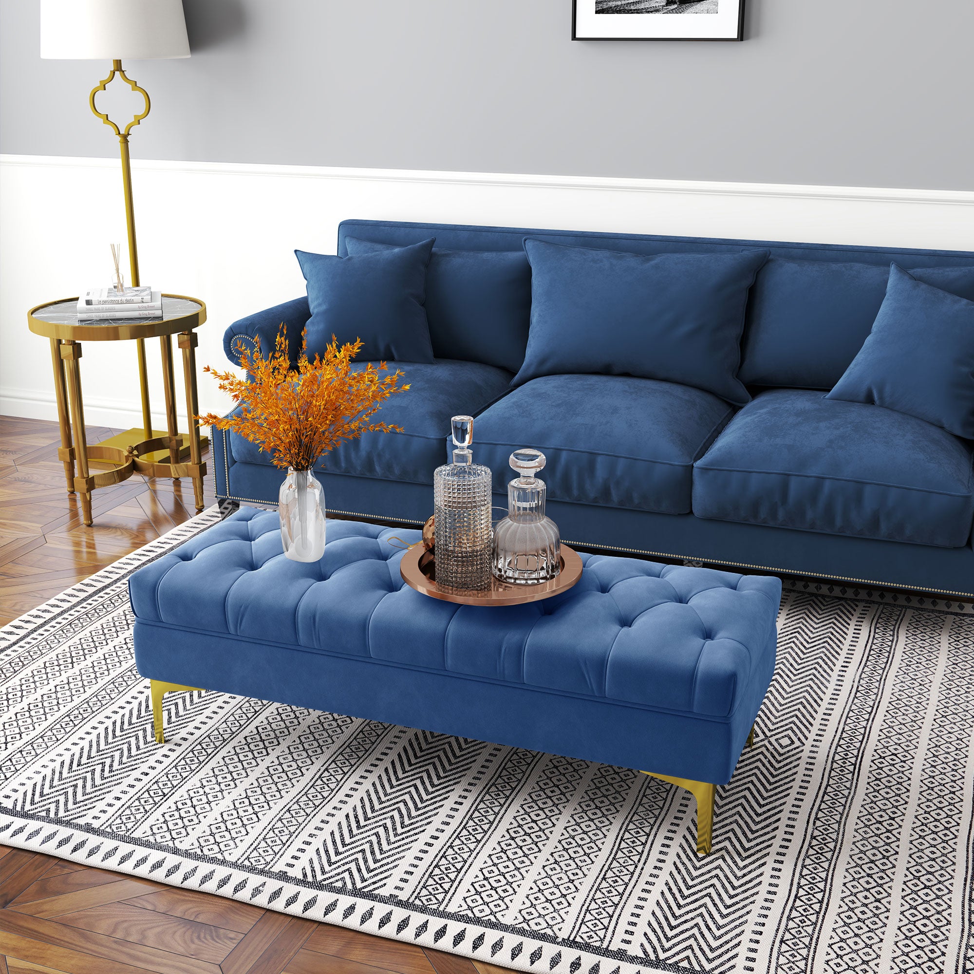 HOMCOM Sitzbank Bettbank Schuhbank mit erhöhten Beine Schlafzimmer Samt Blau
