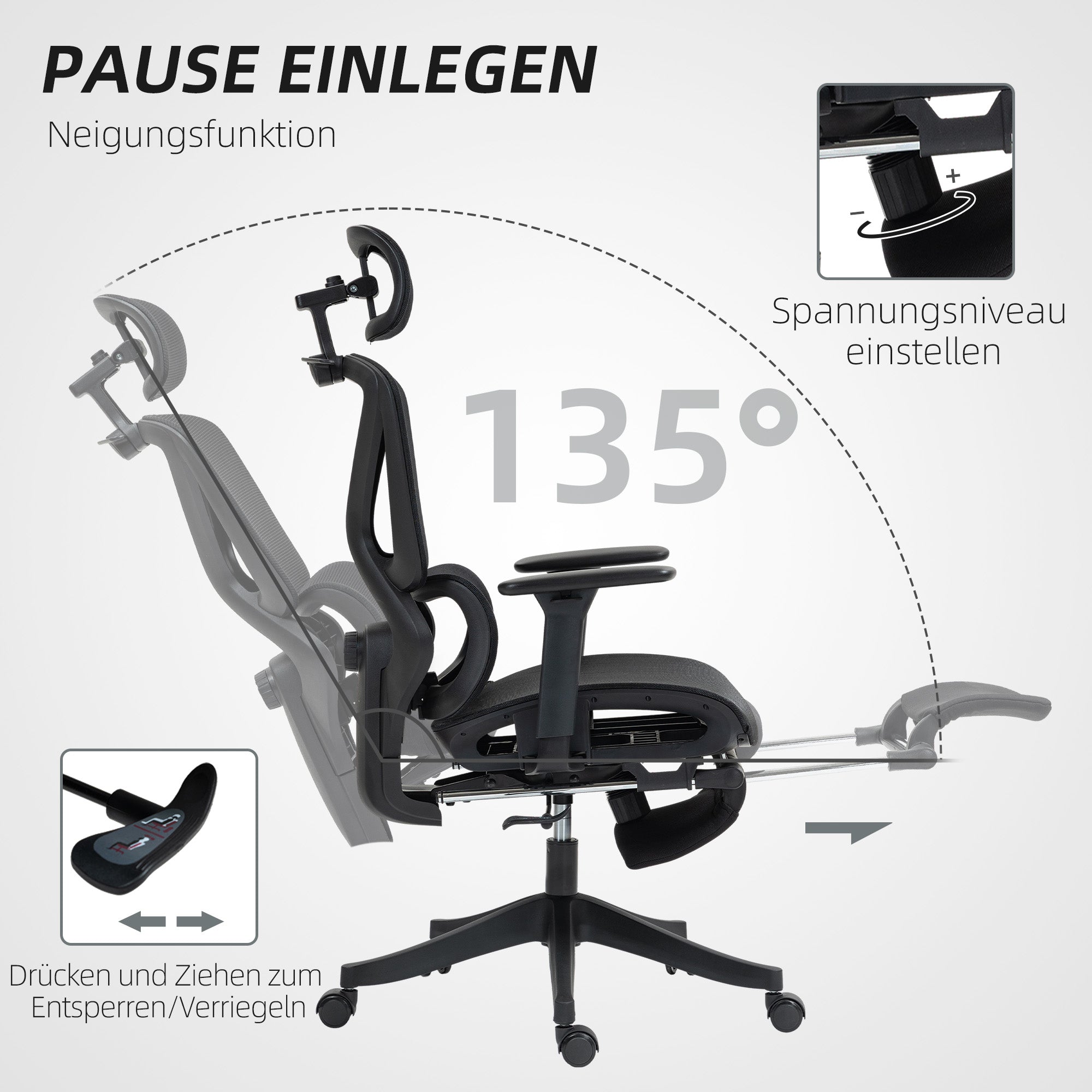 HOMCOM Bürostuhl, Ergonomischer Schreibtischstuhl, 135 Grad neigbar, verstellbar, Schwarz