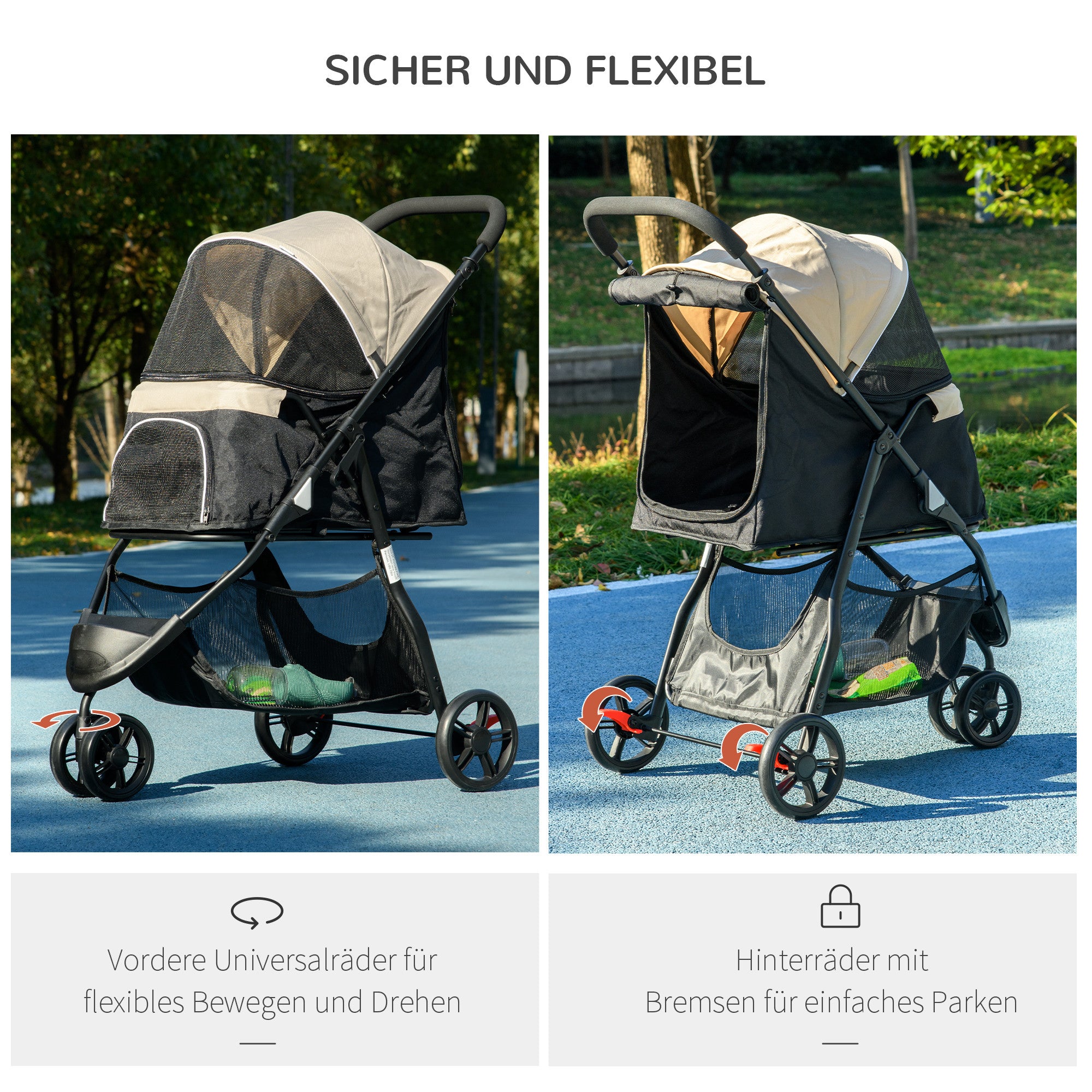 PawHut Haustierbuggy Hundebuggy, klappbar, mit Regenschutz, 2 Getränkehalter, Blau +  Khaki