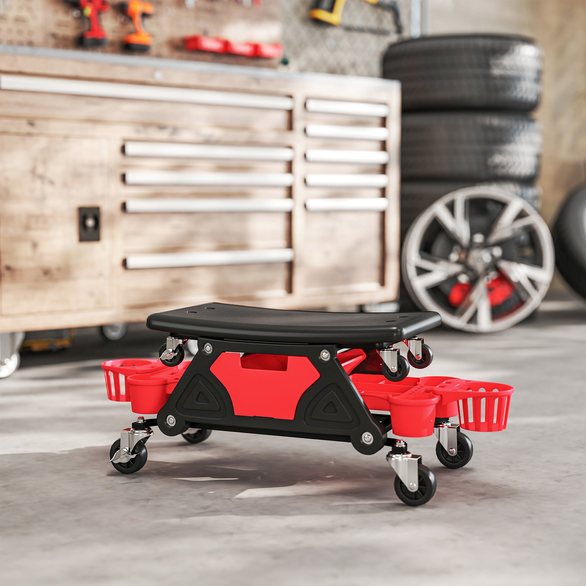 HOMCOM Werkstatthocker mit Rollen abnehmbar Sitz, Ablagefläche, 33cm hoch Rollhocker bis 135 kg belastbar Rot