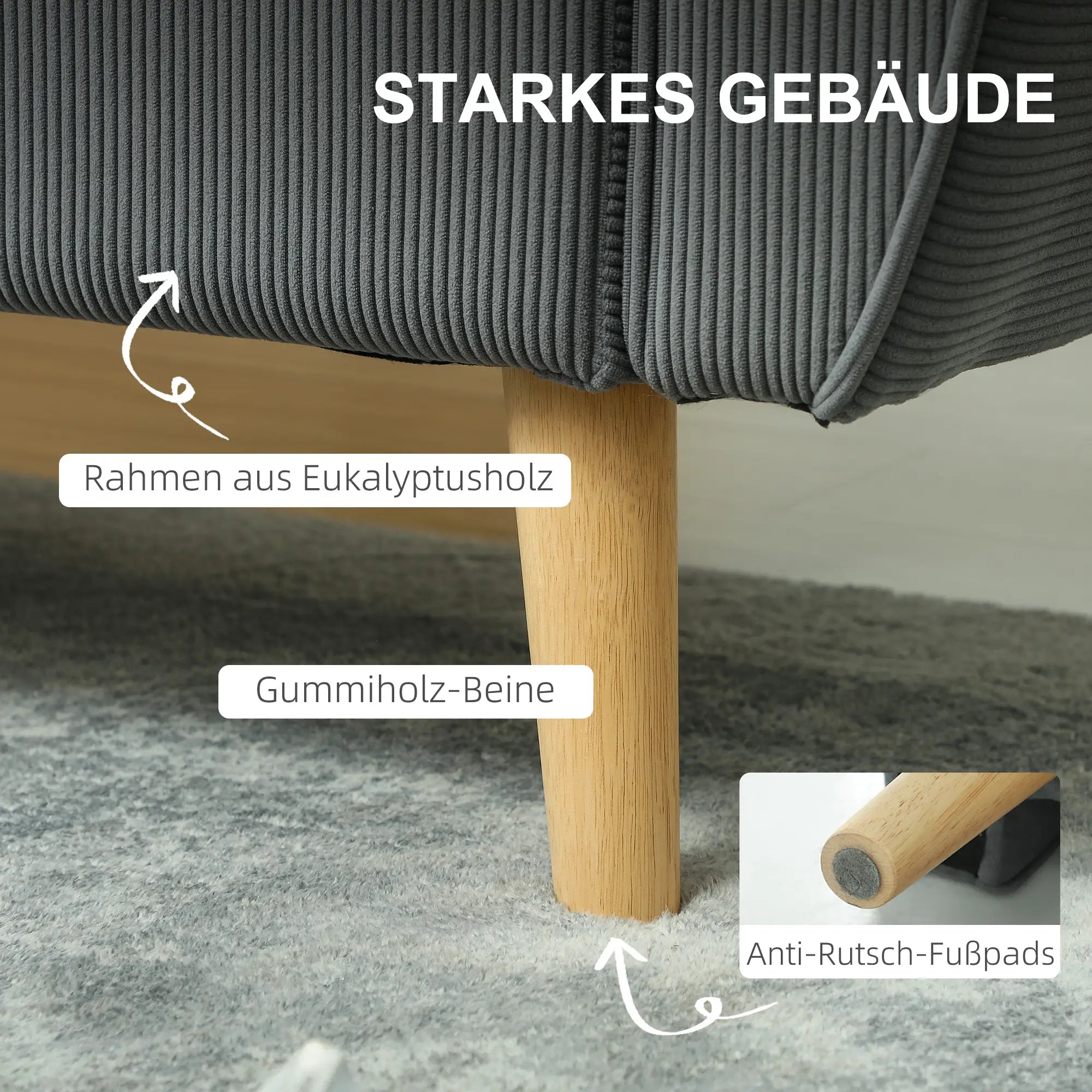 HOMCOM Zweisitzer Sofa Cord tiefe Sitze abnehmbare Kissen Dunkelgrau