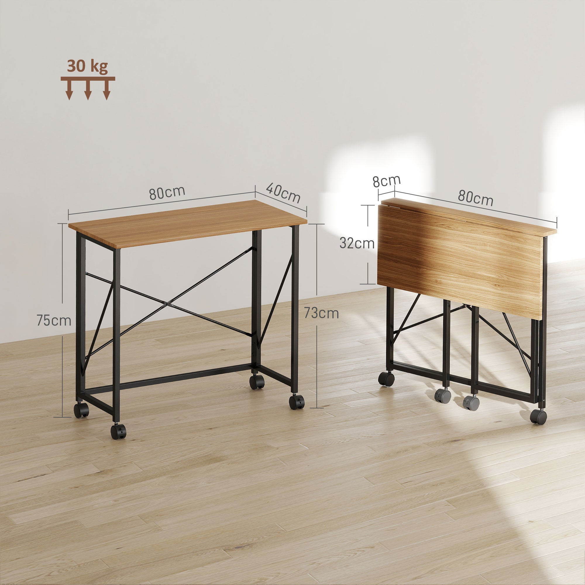 HOMCOM Klappbarer Schreibtisch mit Rädern, platzsparend, Stahl, MDF, Eiche