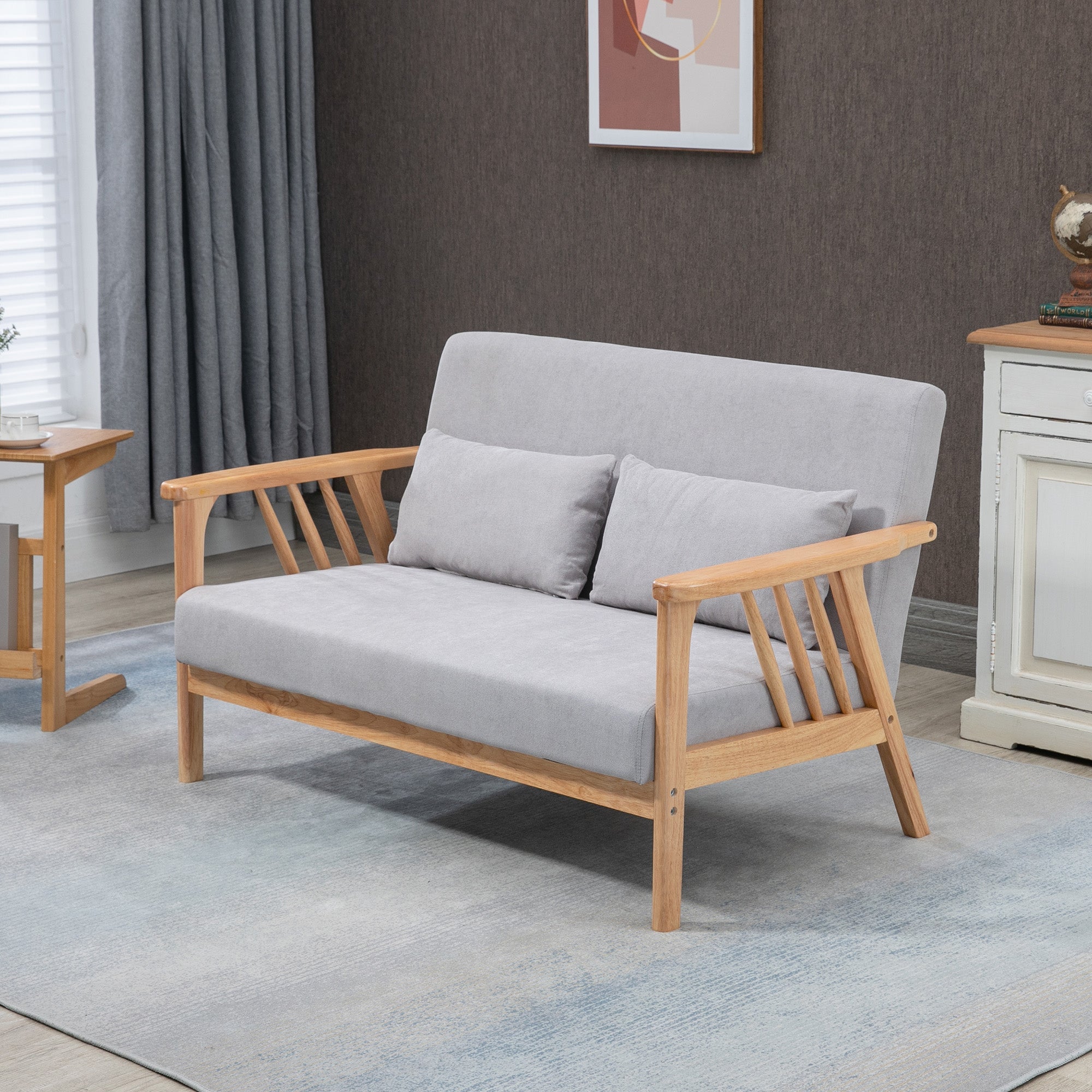 HOMCOM Sofa Relaxsofa 2-Sitzersofa, inkl. 2 Kissen, Samtoptik, Kautschukholz, 130 cm x 75 cm x 78 cm, Grau + Natur