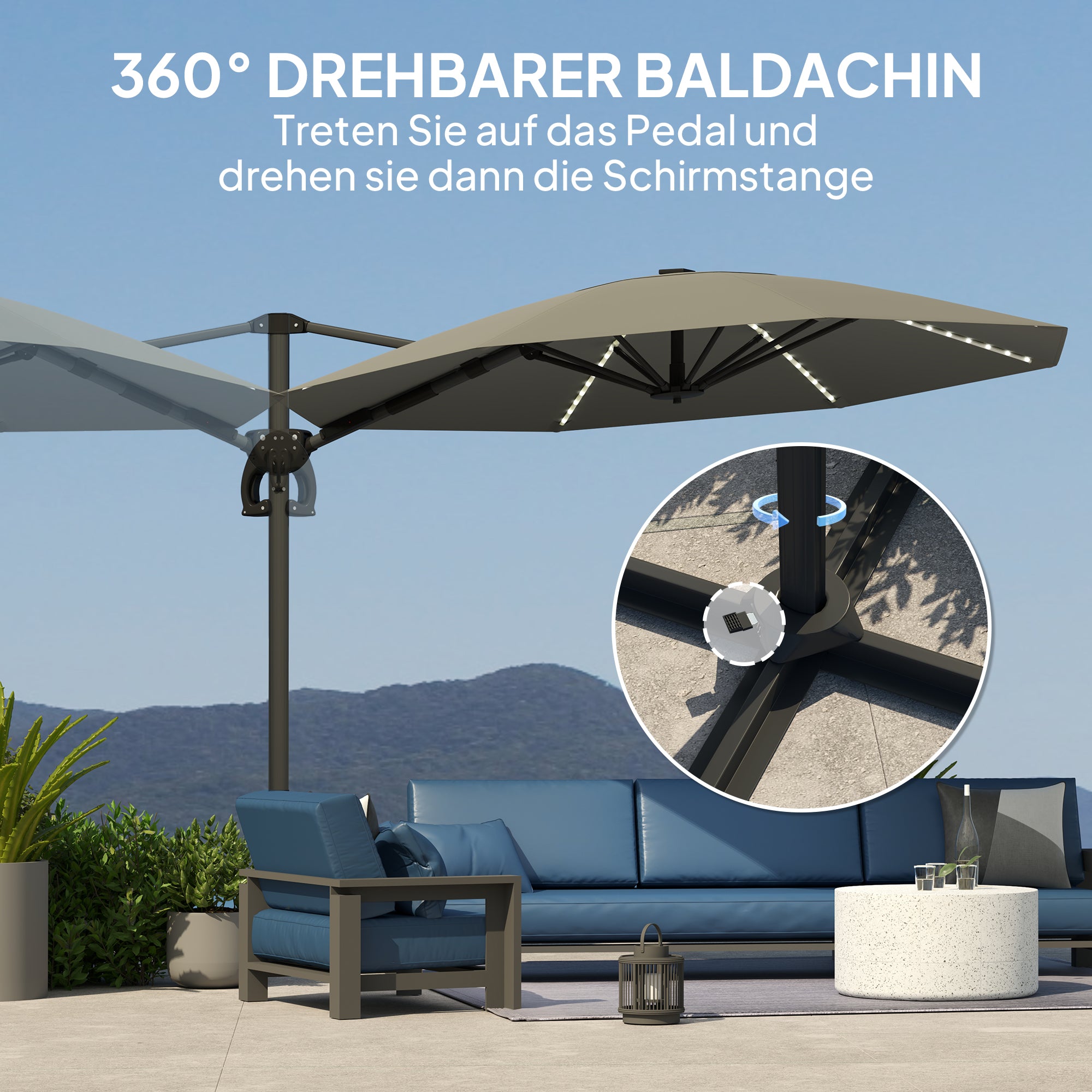 Outsunny Alu Ampelschirm LED Solar Ø300 cm höhenverstellbar Sonnenschirm mit Kurbel Ständer UV50+ Dunkelgrau