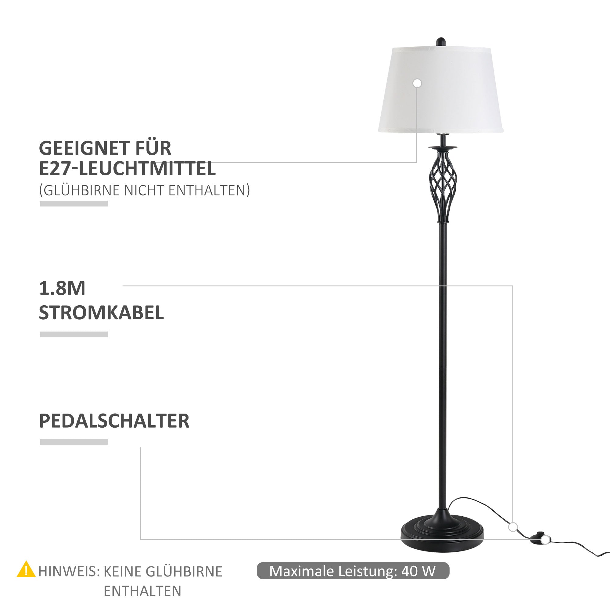 HOMCOM 3er-Lampenset 2 Tischlampe(ø38 x 158H cm) + 1 Stehlampe(ø30 x 62H cm) Metall, PS, Polyester, Baumwolle, Vintage, Schwarz+Weiß