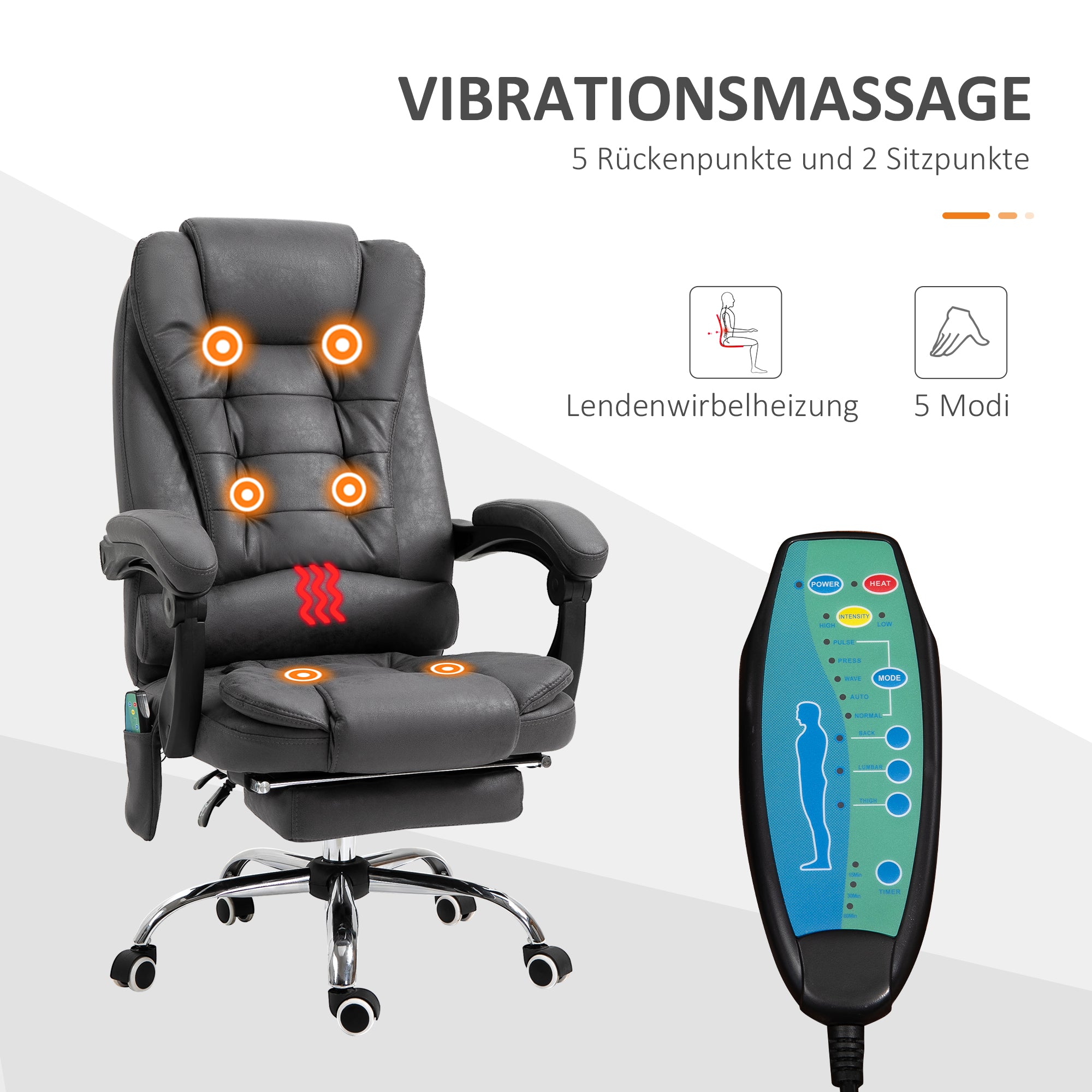 Vinsetto Bürostuhl mit Massagefunktion, ergonomisch, 65x160x104cm, Grau