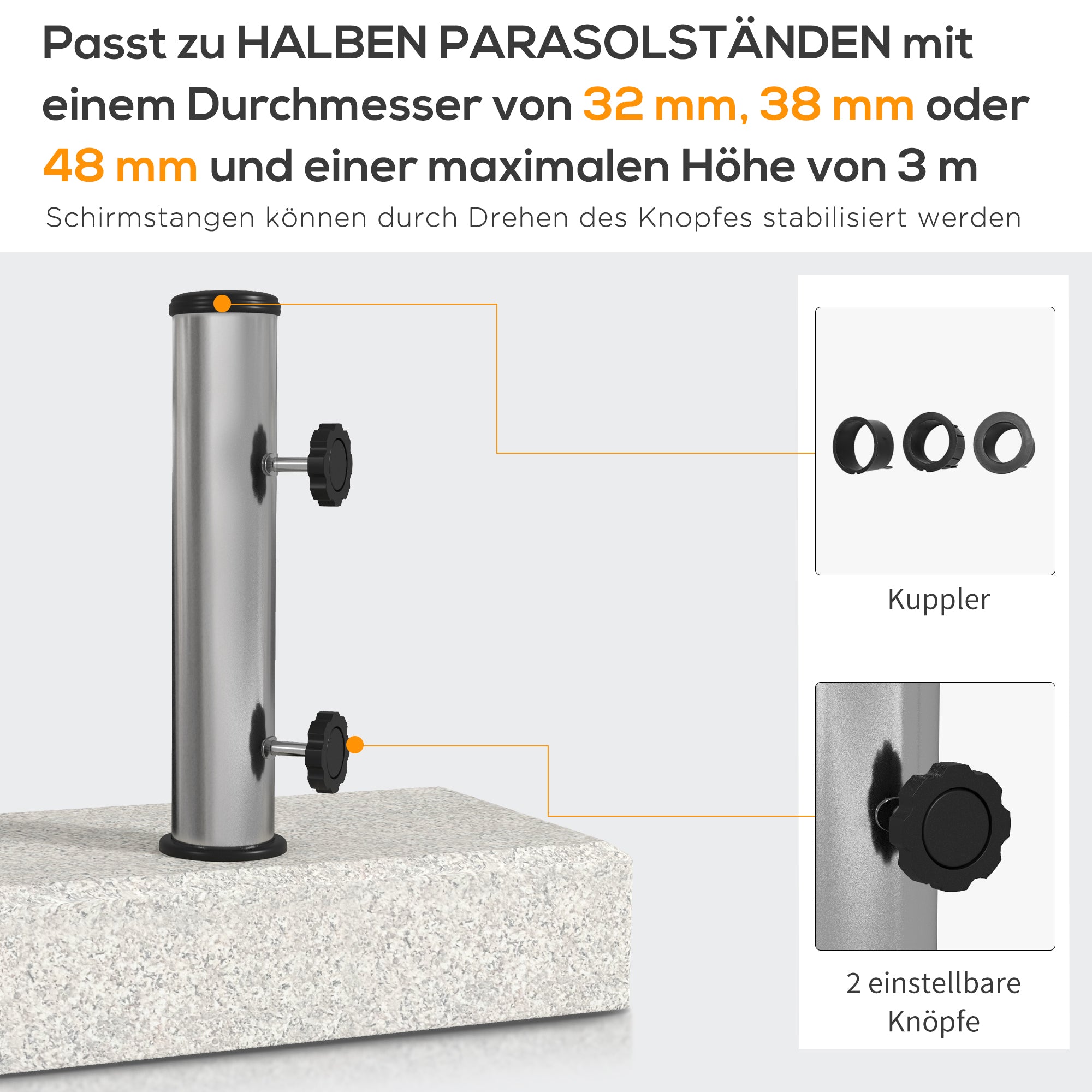 Outsunny Sonnenschirmständer 25 kg, Schirmfuß aus Granit, für Schirmstöcke Ø32/38/48 mm, Grau