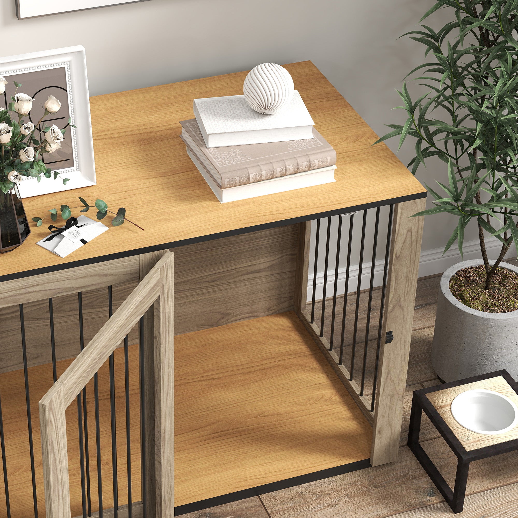 PawHut Hundebox, Haustierbox für große Hunde, Hundehütte, Indoor, 106 x 60 x 76 cm, Eiche