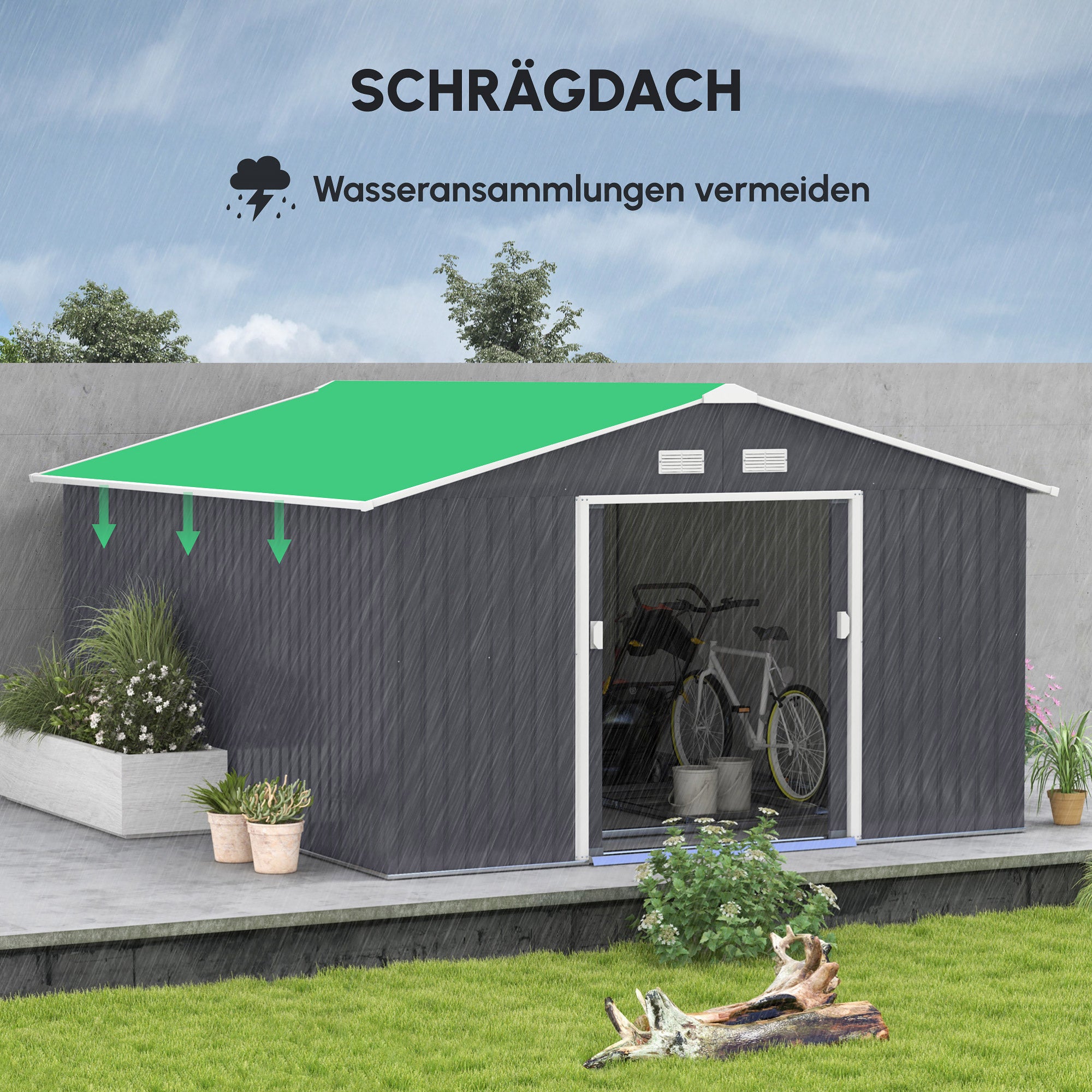 Outsunny Geräteschuppen, Wetterfestes Gartenhaus für Gartengeräte, mit Belüftungsfenstern, Schiebetüren, Stahl, Kohlegrau