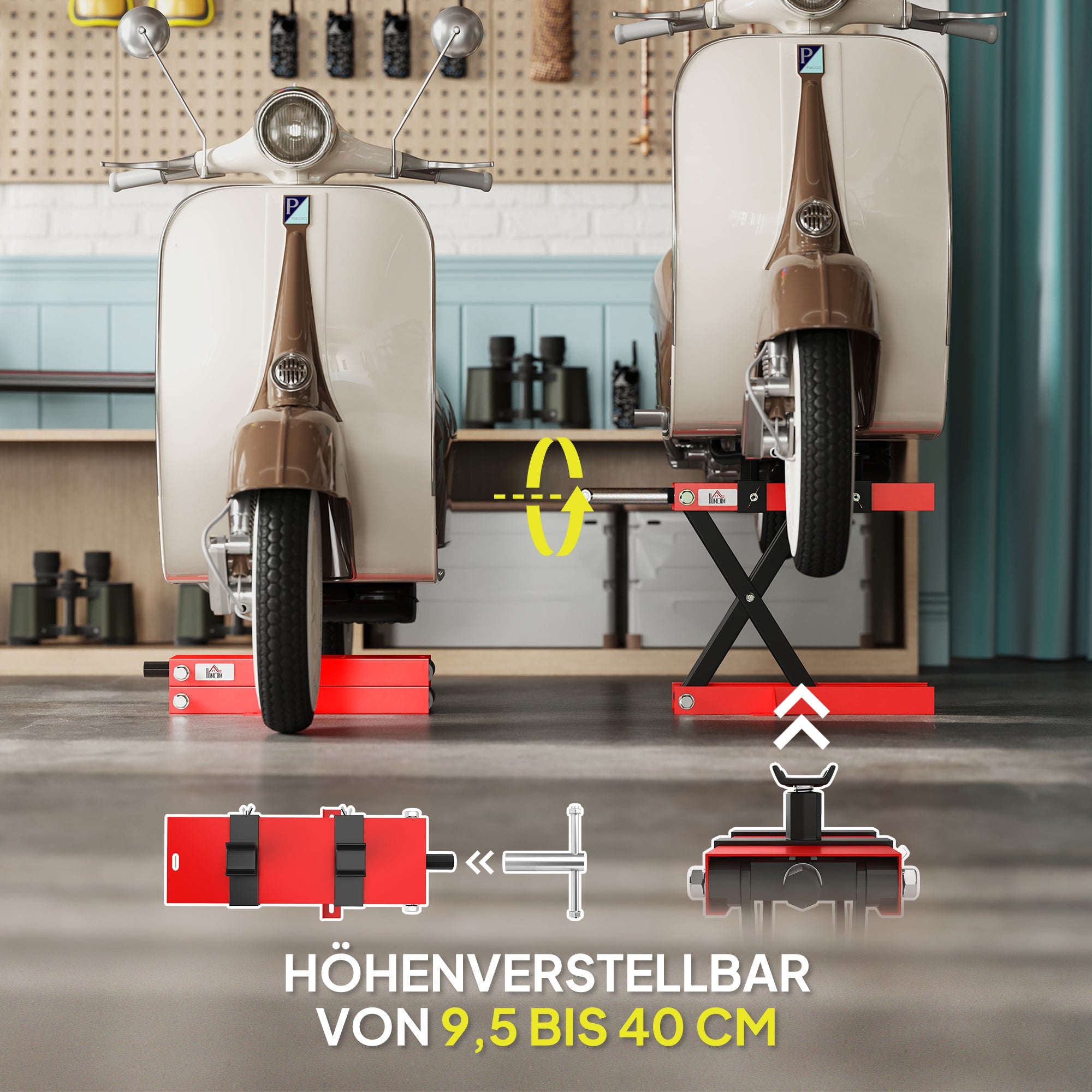 HOMCOM Motorradheber 500 kg Belastbar Motorradhebebühne 95-400 mm Höhenverstellbar 45 x 15 x 9,5-40 cm Rot