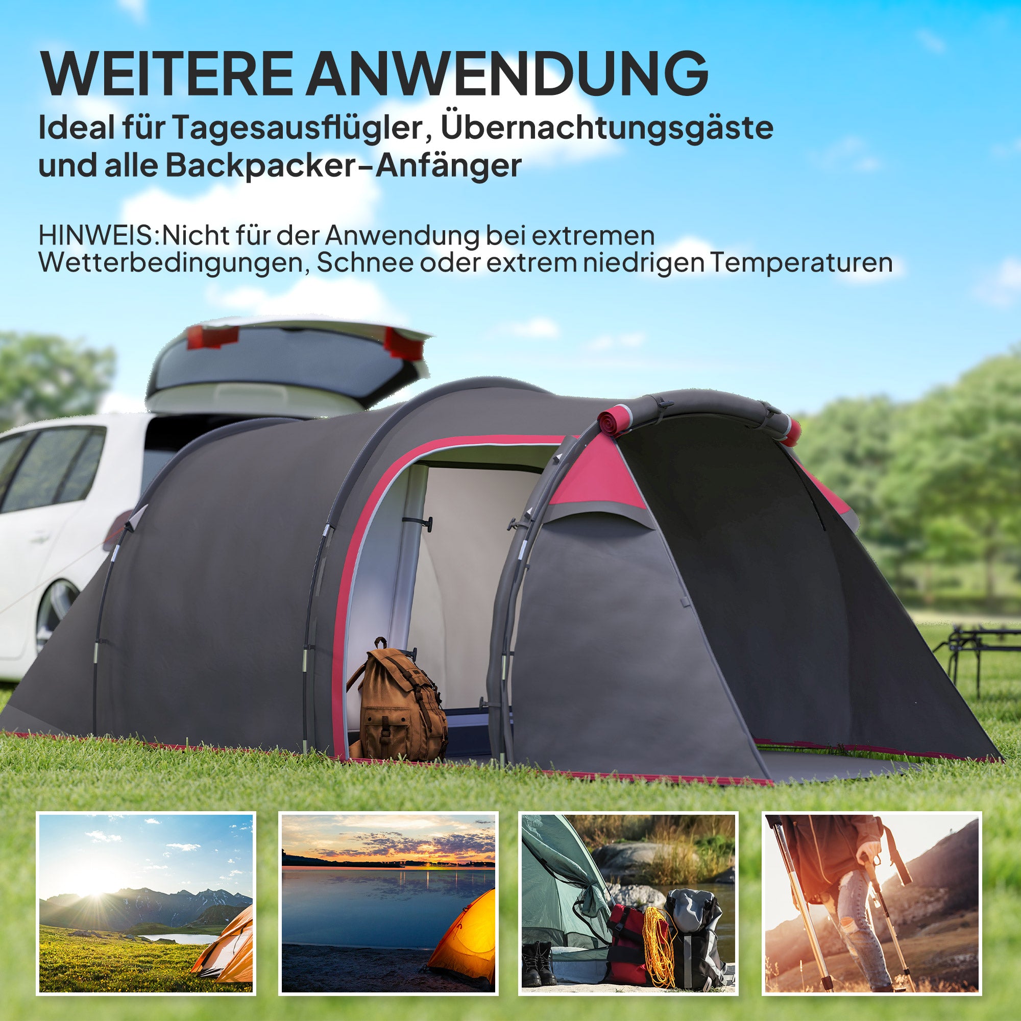 Outsunny Campingzelt, Wurfzelt für 2-3 Personen, Vorraum & Schlafbereich, wasserdicht, 426 x 206 x 154 cm, Grau