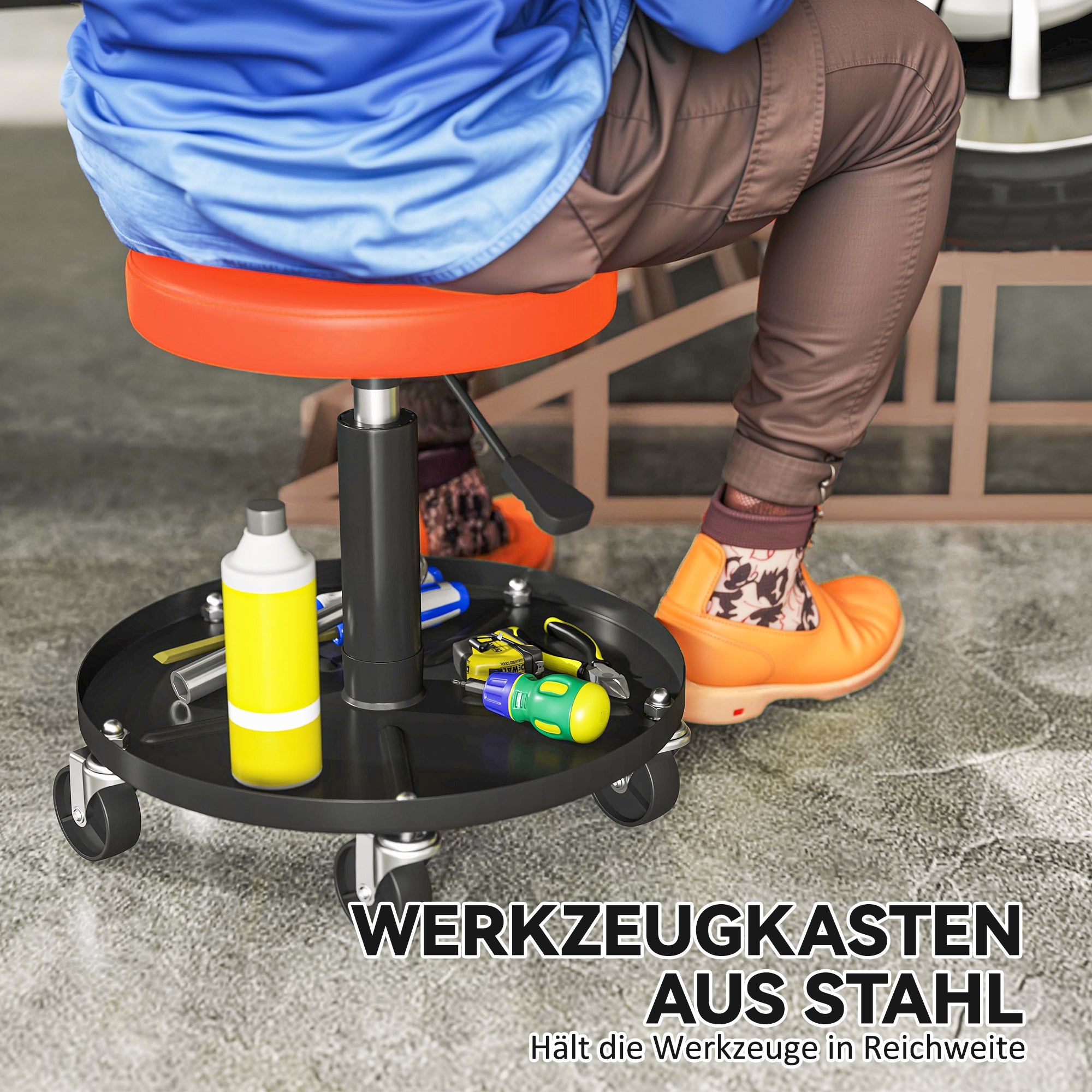 HOMCOM Werkstatthocker mit Rollen Ablagefläche höhenverstellbar 38-50cm bis 135 kg belastbar Orange
