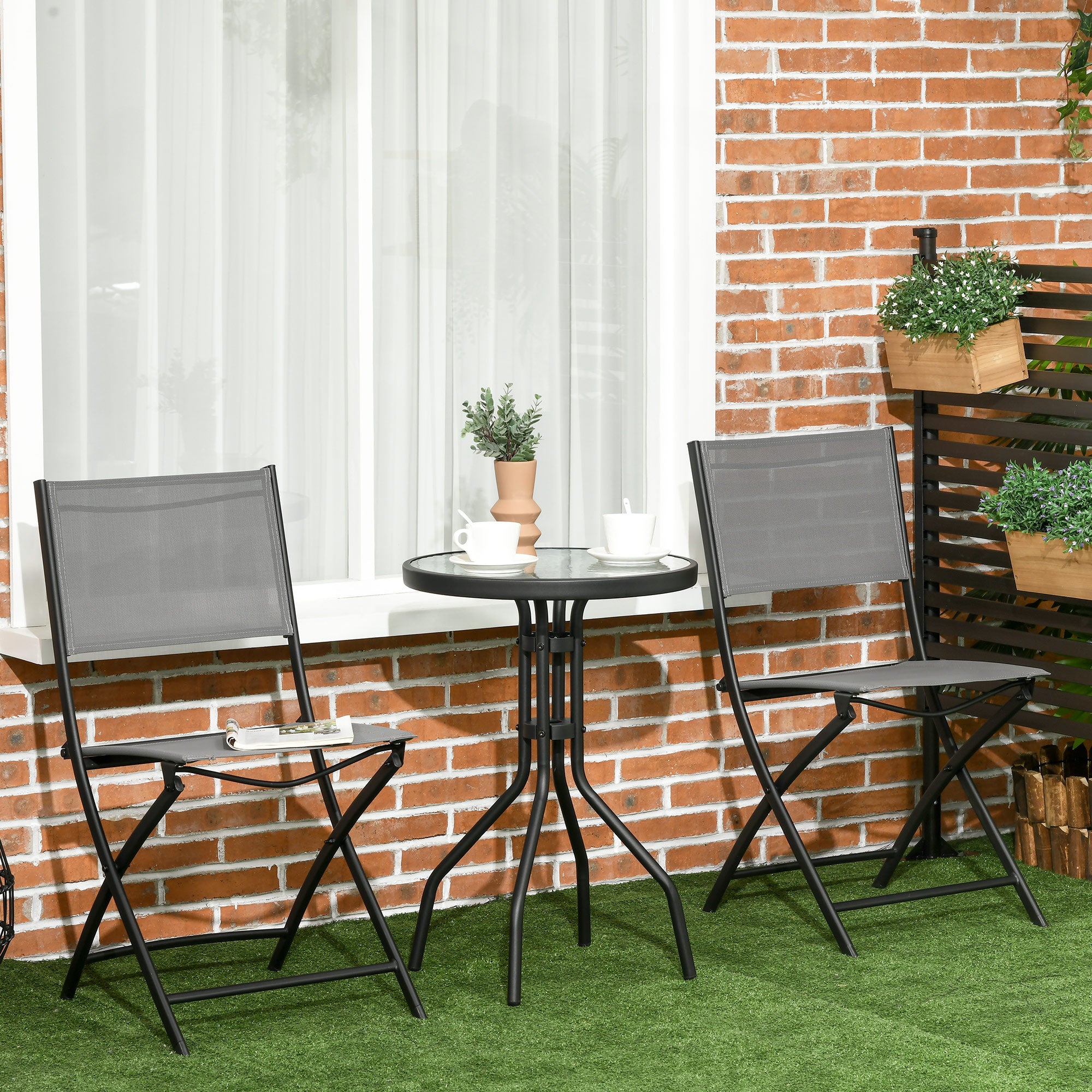 Outsunny Garten-Bistroset 3-teilig klappbar Hartglas-Tisch