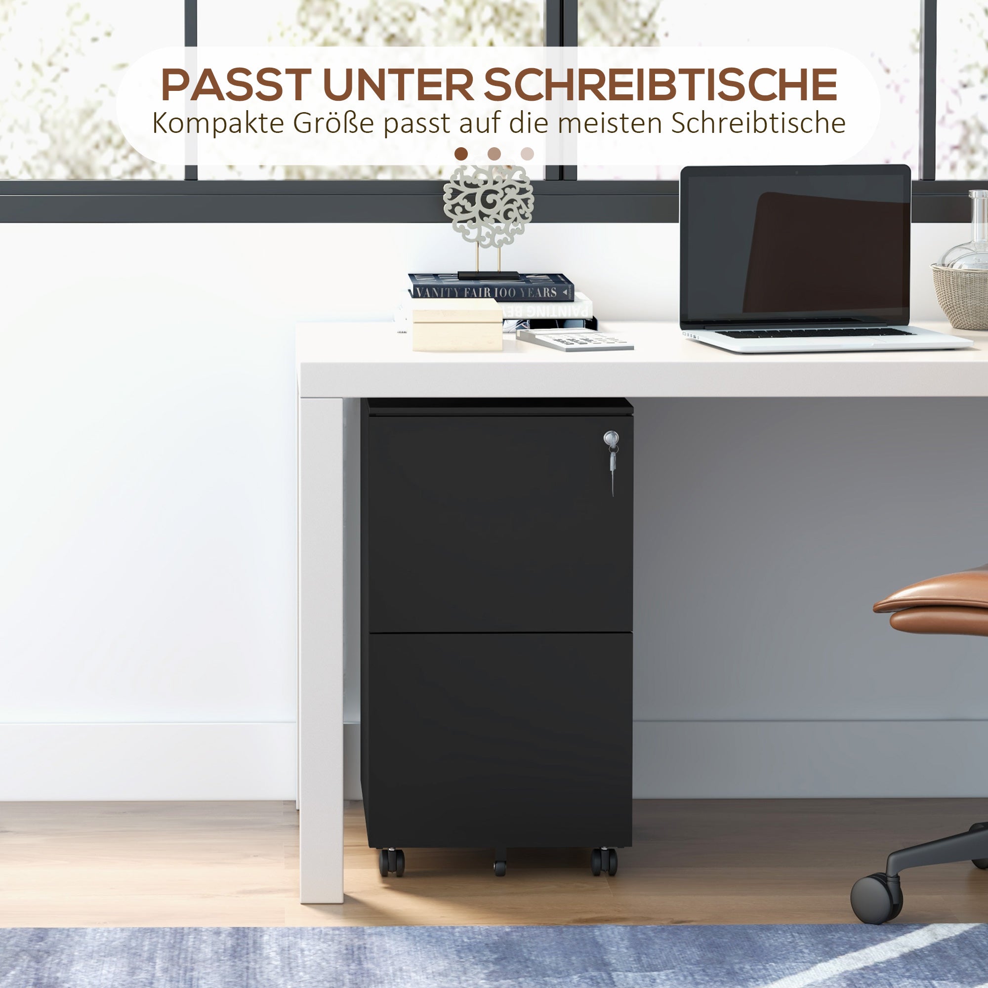 Vinsetto Rollcontainer Aktenschrank, 2 Schubladen, ab­schlie߭bar, rollbar, 37 cm x 43,5 cm x 67,5 cm, Schwarz