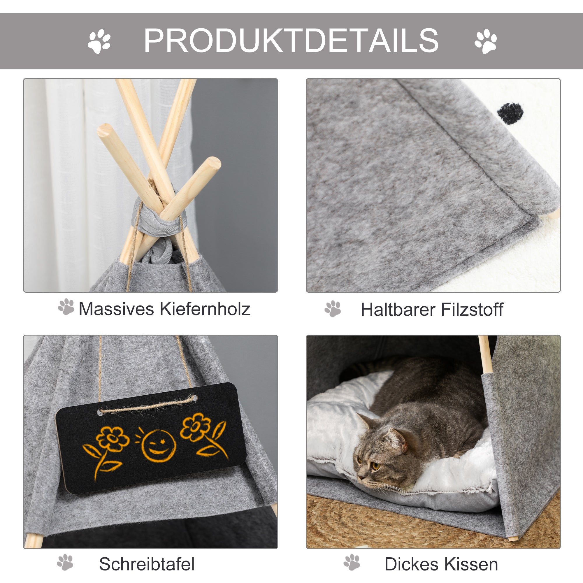 PawHut Haustierzelt Katzenhaus Hundezelt Katzenbett Katzenzelt mit weichem Kissen Plüsch Filz maschinenwaschbar Grau 58 x 58 x 80 cm